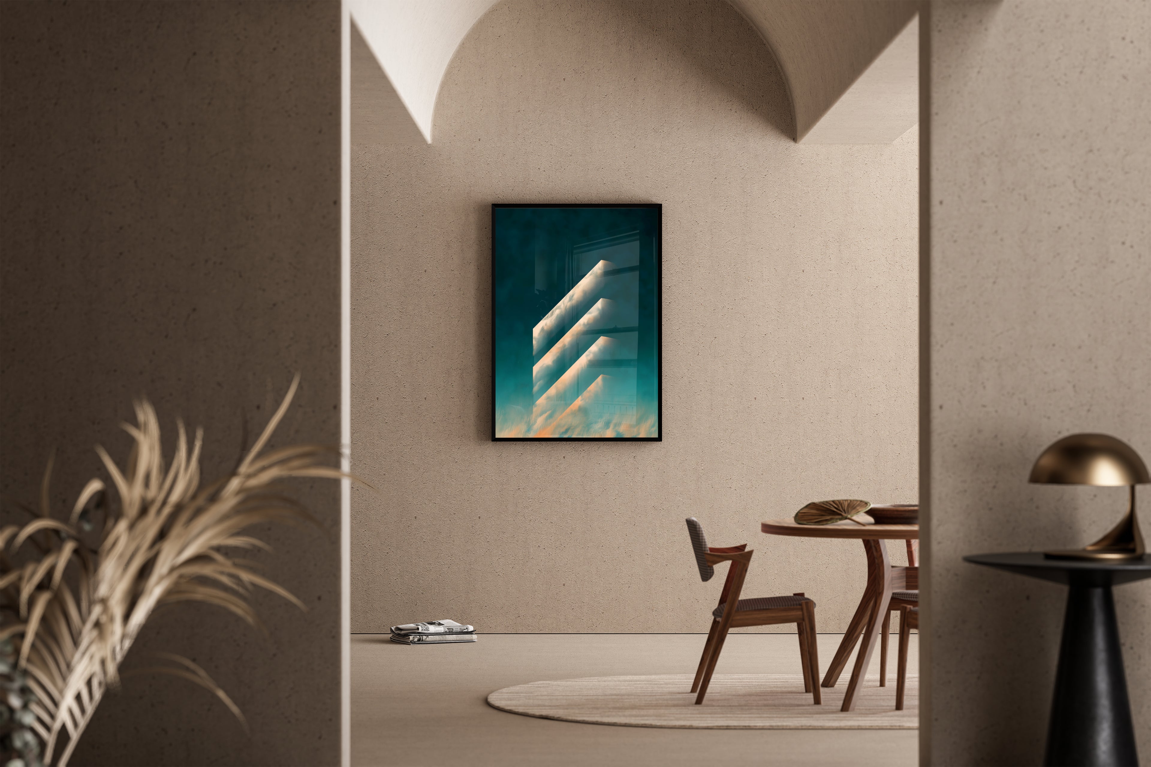 Abstrakter Fine Art Poster – geometrische Chevrons mit Wolkentextur vor türkis-goldenem Himmel – Poster im Esszimmer