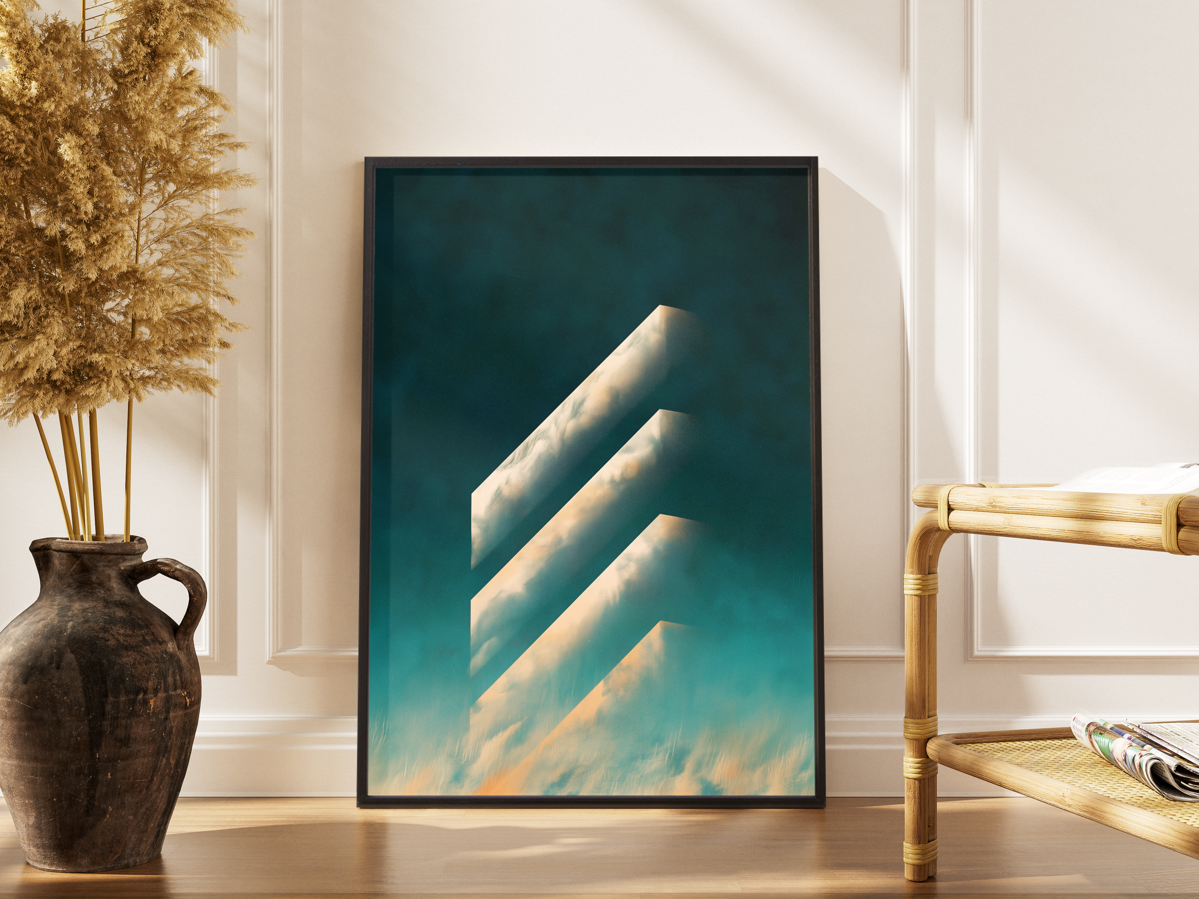 Abstrakter Fine Art Poster – geometrische Chevrons mit Wolkentextur vor türkis-goldenem Himmel – gerahmtes Poster kaufen