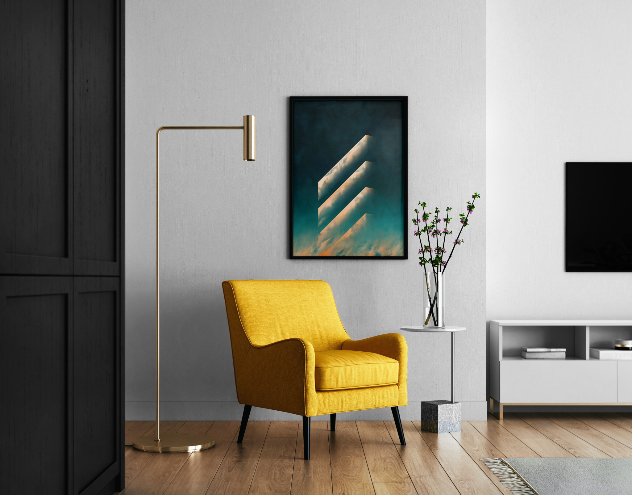 Abstrakter Fine Art Poster – geometrische Chevrons mit Wolkentextur vor türkis-goldenem Himmel – Wandbild im modernen Wohnzimmer