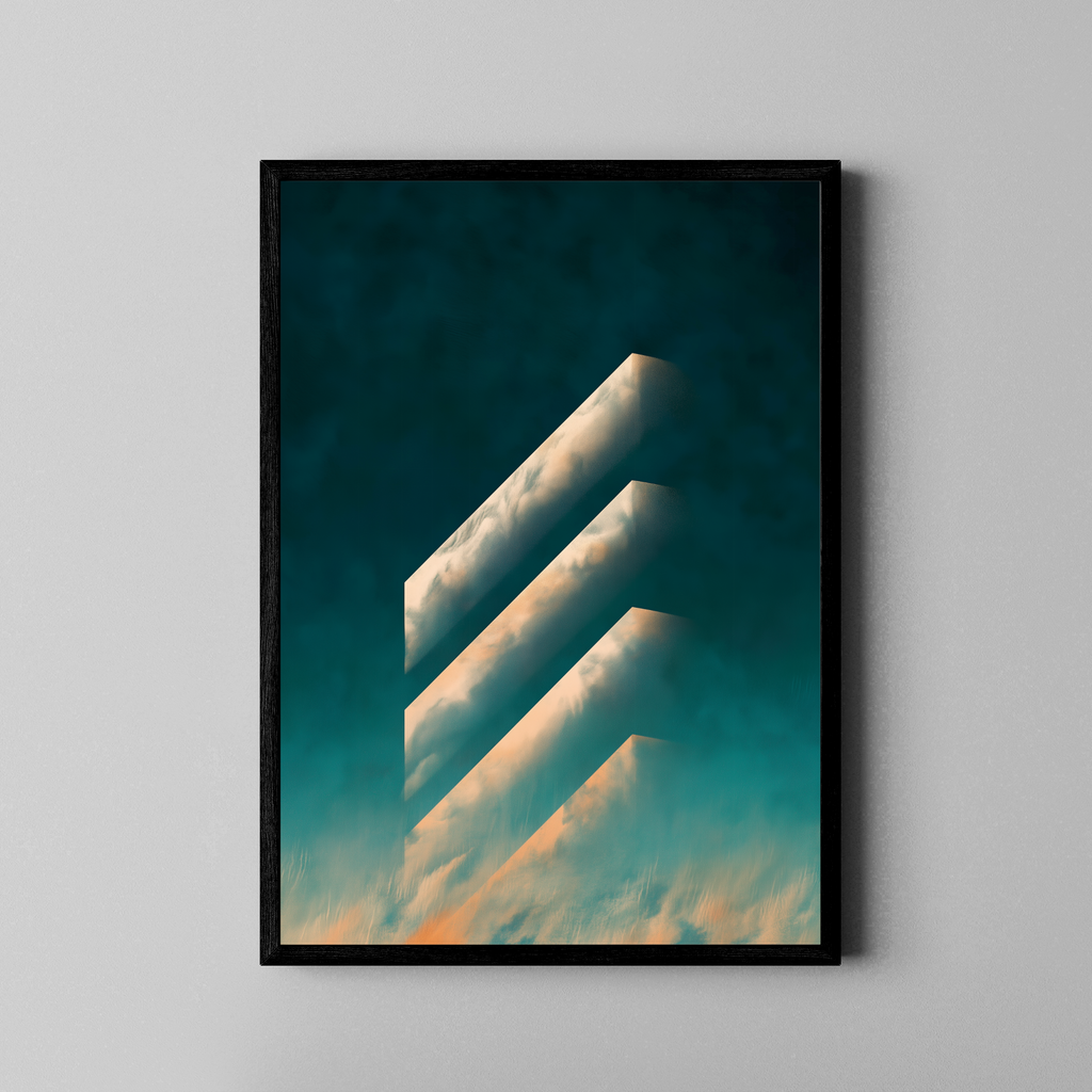 Abstrakter Fine Art Poster – geometrische Chevrons mit Wolkentextur vor türkis-goldenem Himmel – Poster im schwarzen Rahmen