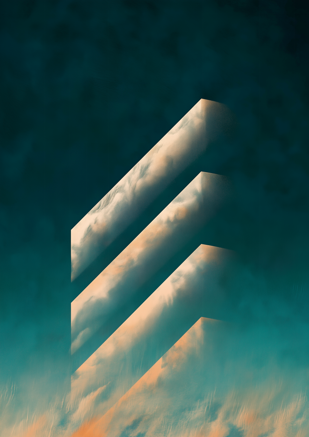 Abstrakter Fine Art Poster – geometrische Chevrons mit Wolkentextur vor türkis-goldenem Himmel – eleganter Kunstdruck