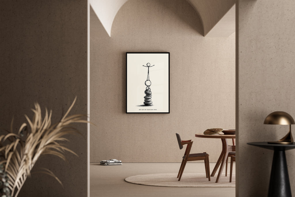 Get Out Of Your Own Head – Figur balanciert auf Balance-Steinen | minimalistische Skizze – Poster im Esszimmer