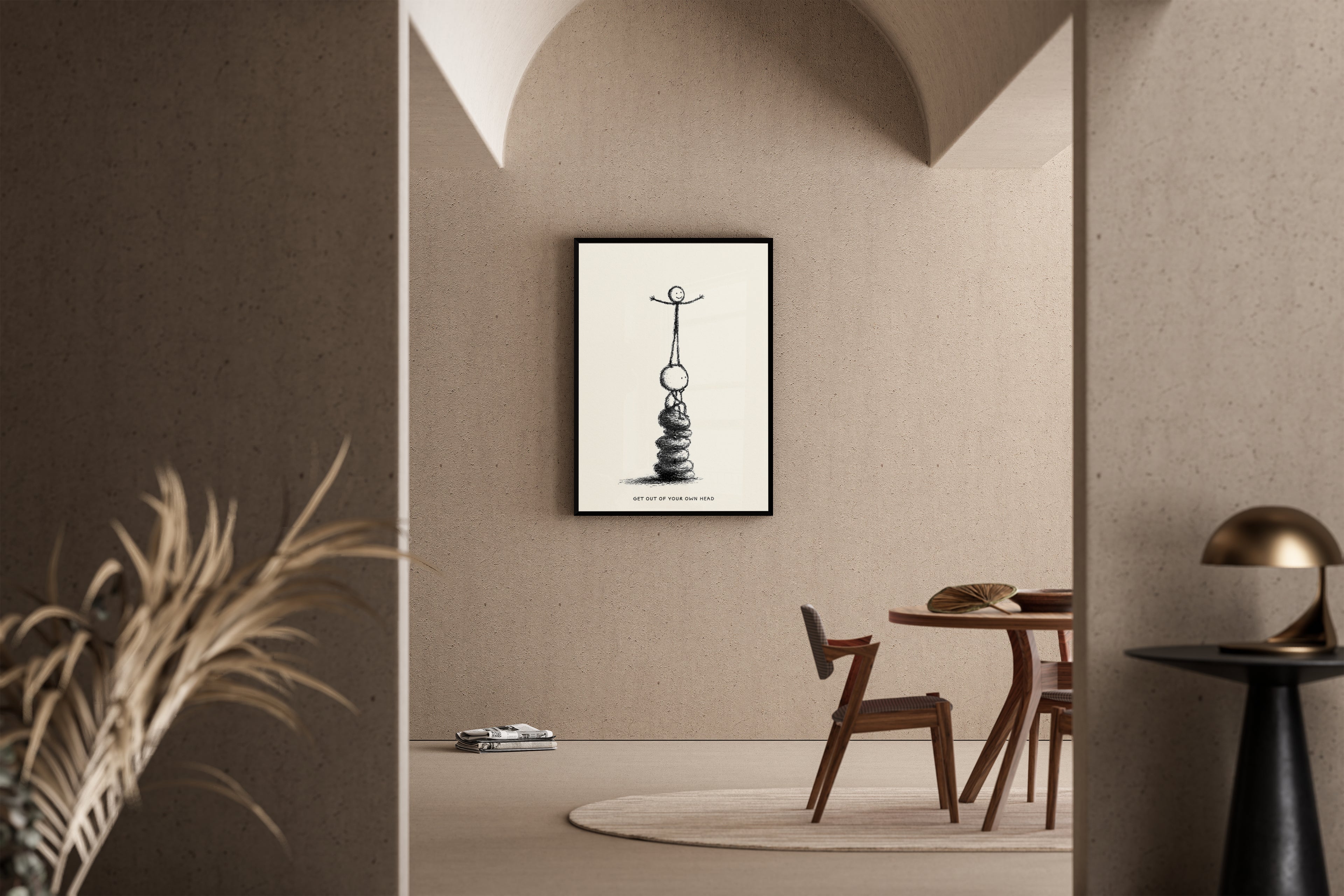 Get Out Of Your Own Head – Figur balanciert auf Balance-Steinen | minimalistische Skizze – Poster im Esszimmer