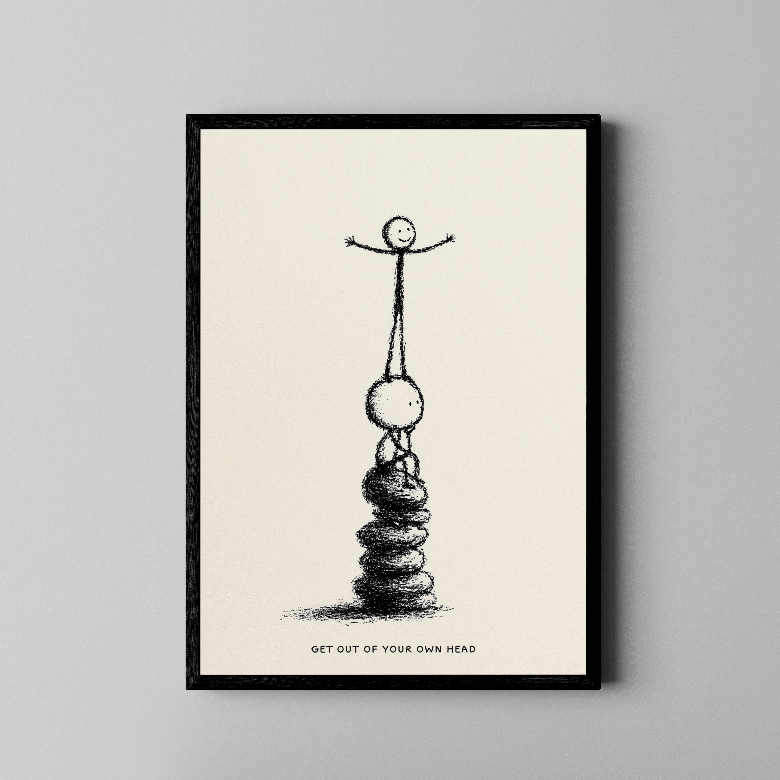 Get Out Of Your Own Head – Strichmännchen auf Steinturm | Skizzen-Optik – Poster im schwarzen Rahmen