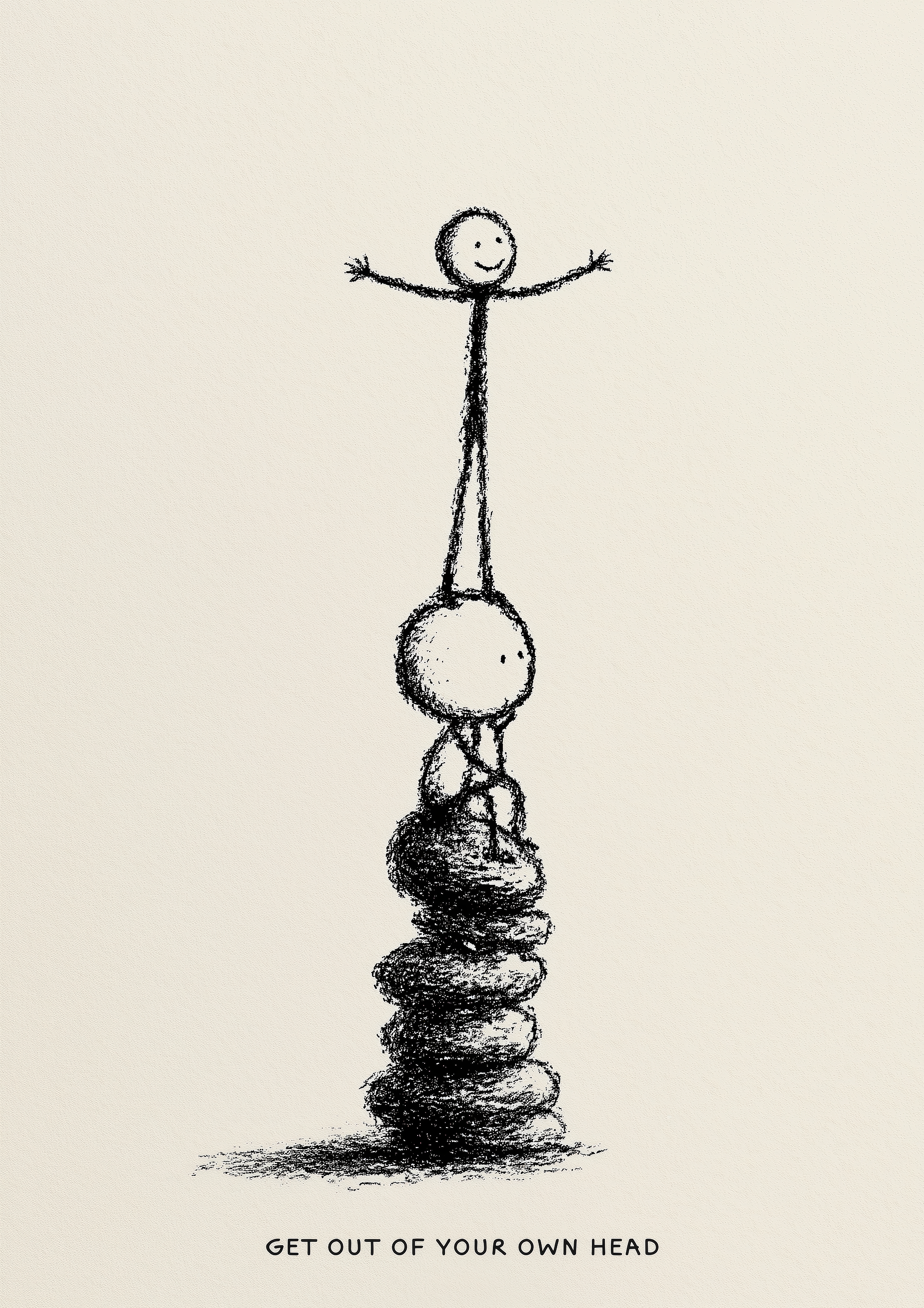 Get Out Of Your Own Head – Figur wächst aus eigenem Kopf | Bleistiftzeichnung – eleganter Kunstdruck