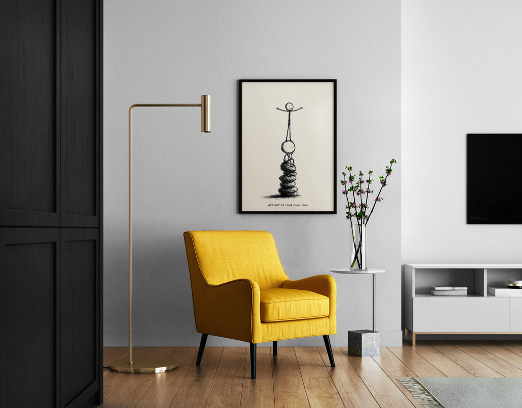 Get Out Of Your Own Head – Wachstum aus innerem Selbst | handgezeichneter Stil – Wandbild im modernen Wohnzimmer
