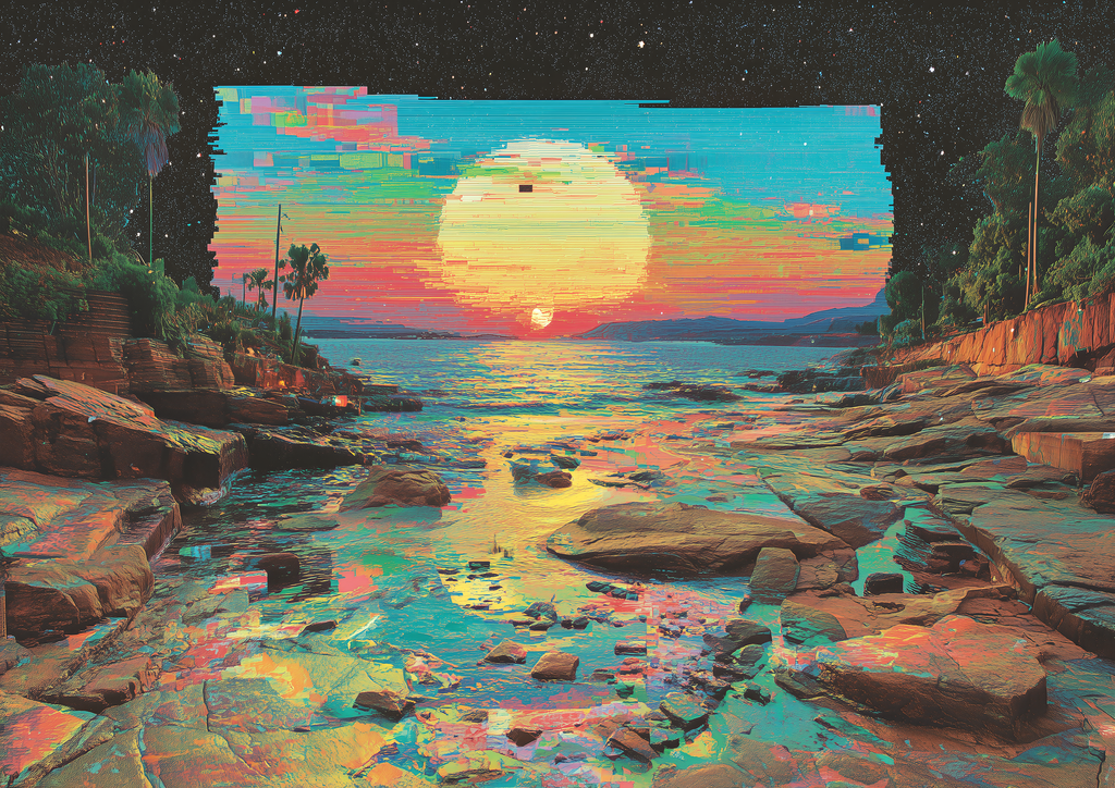 Glitch Tide – Sonnenuntergang Küste psychedelisch Glitch-Art | Pixel-Optik – eleganter Kunstdruck