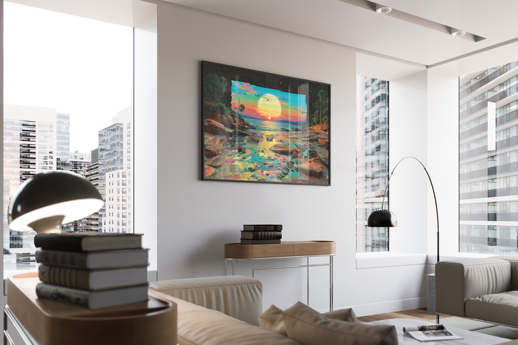 Glitch Tide – Glitch-Art Küste Sternenhimmel Fine Art Poster | Glitch-Fine-Art – gerahmtes Poster kaufen