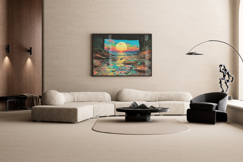 Glitch Tide – Sonnenuntergang Meer Glitch Wanddekoration bunt | Pixel-Druck – Wandbild im modernen Wohnzimmer