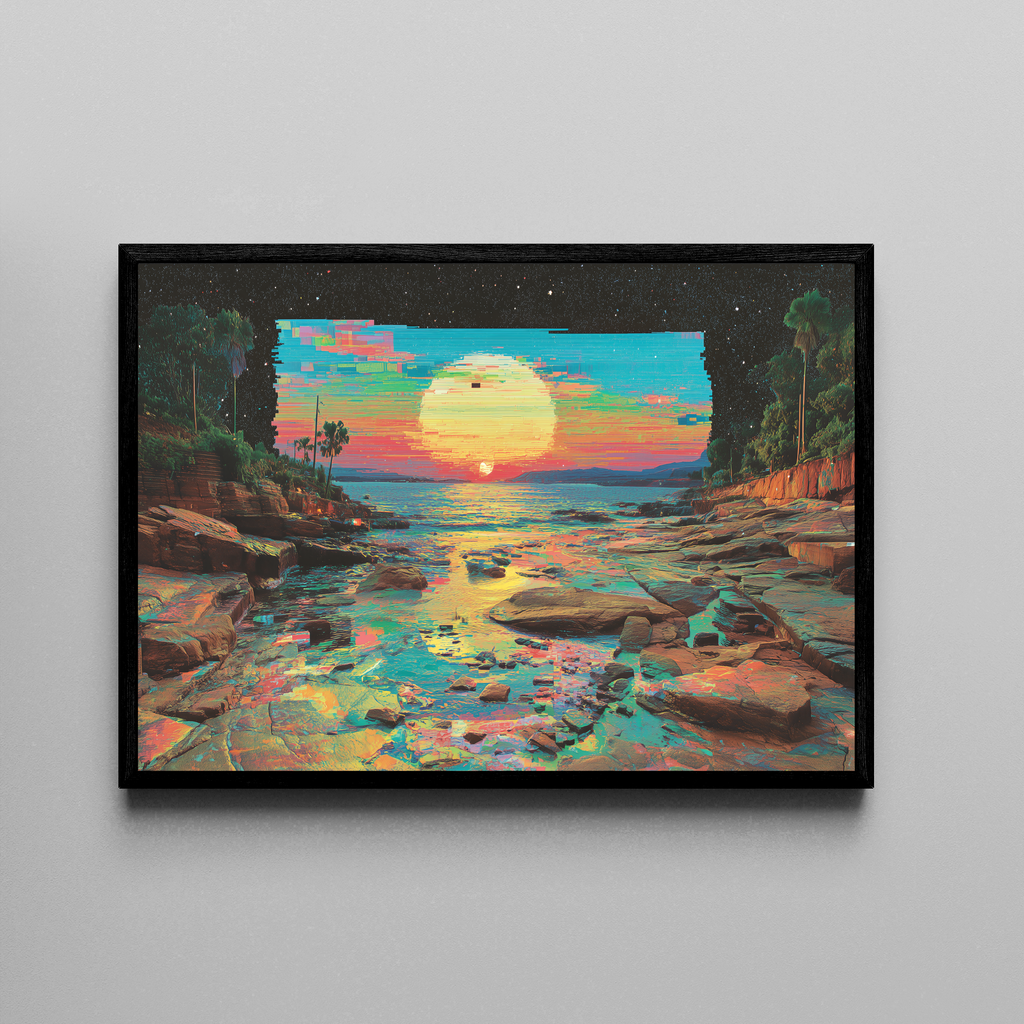 Glitch Tide – Glitch-Sonnenuntergang Felsen Meer Sternenhimmel | Glitch-Art-Stil – Poster im schwarzen Rahmen