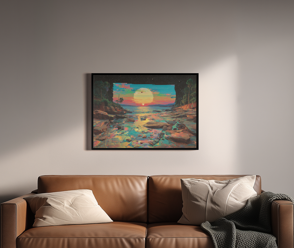 Glitch Tide – Meeresküste Pixel-Expressionismus regenbogenfarben | Pixel-Art-Optik – Wandbild über braunem Ledersofa