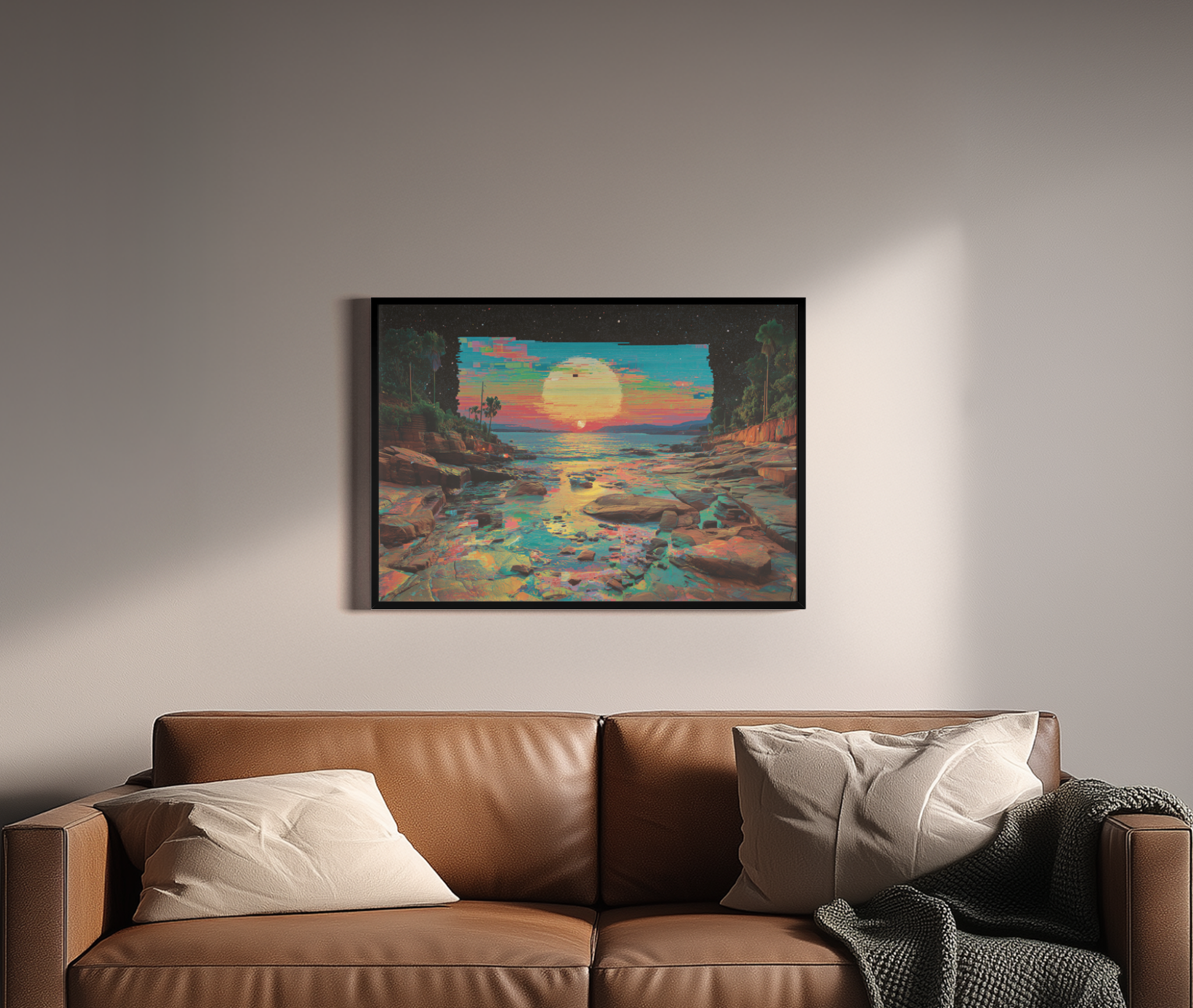 Glitch Tide – Meeresküste Pixel-Expressionismus regenbogenfarben | Pixel-Art-Optik – Wandbild über braunem Ledersofa