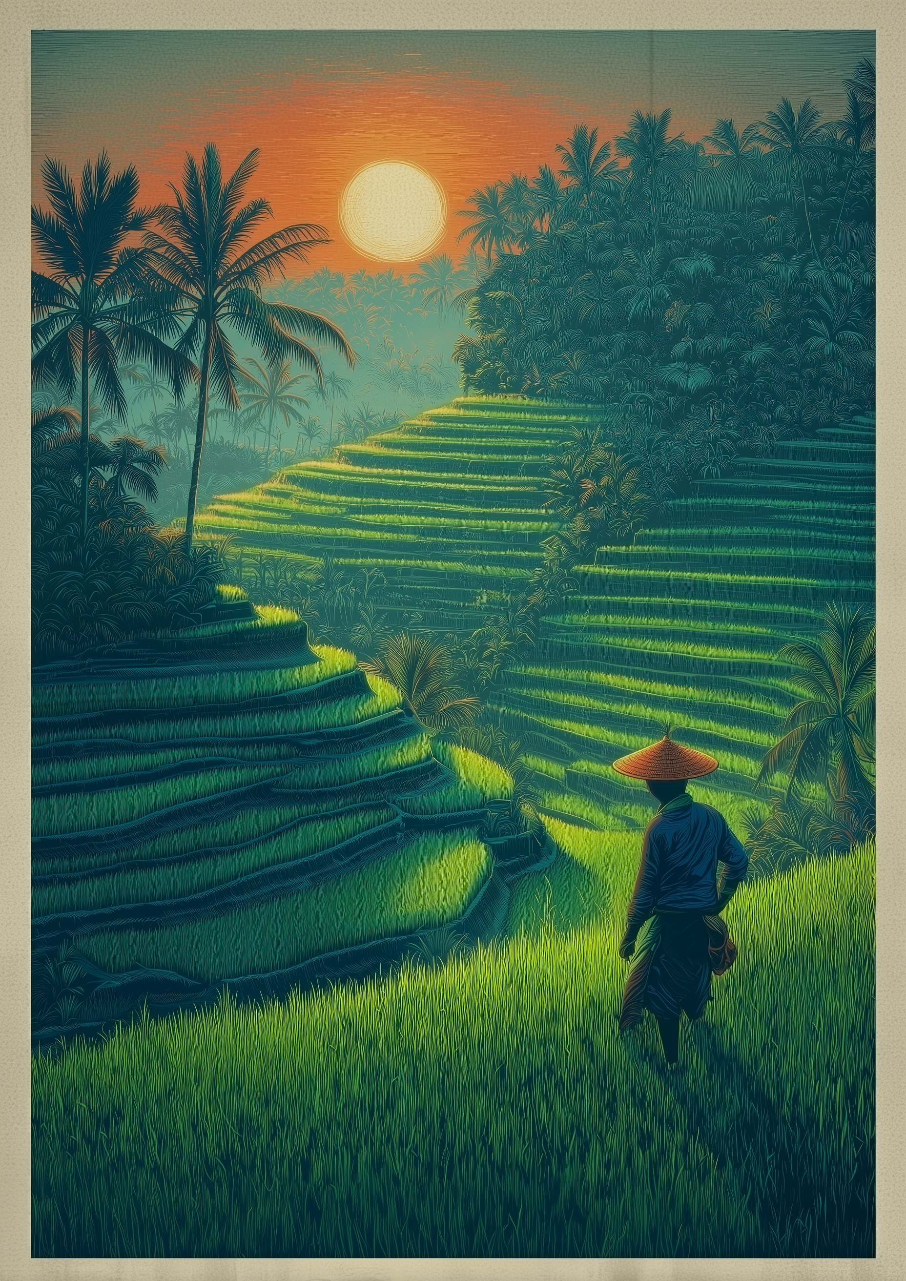 Bali Reisterrassen bei Sonnenuntergang mit Bauer im Retro Travel Poster Stil – Fine Art Kunstdruck