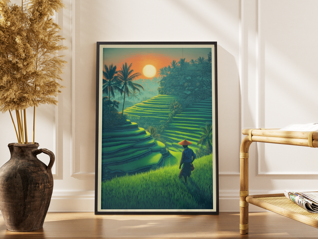 Bali Reisterrassen bei Sonnenuntergang mit Bauer im Retro Travel Poster Stil – gerahmter Travel Kunstdruck kaufen