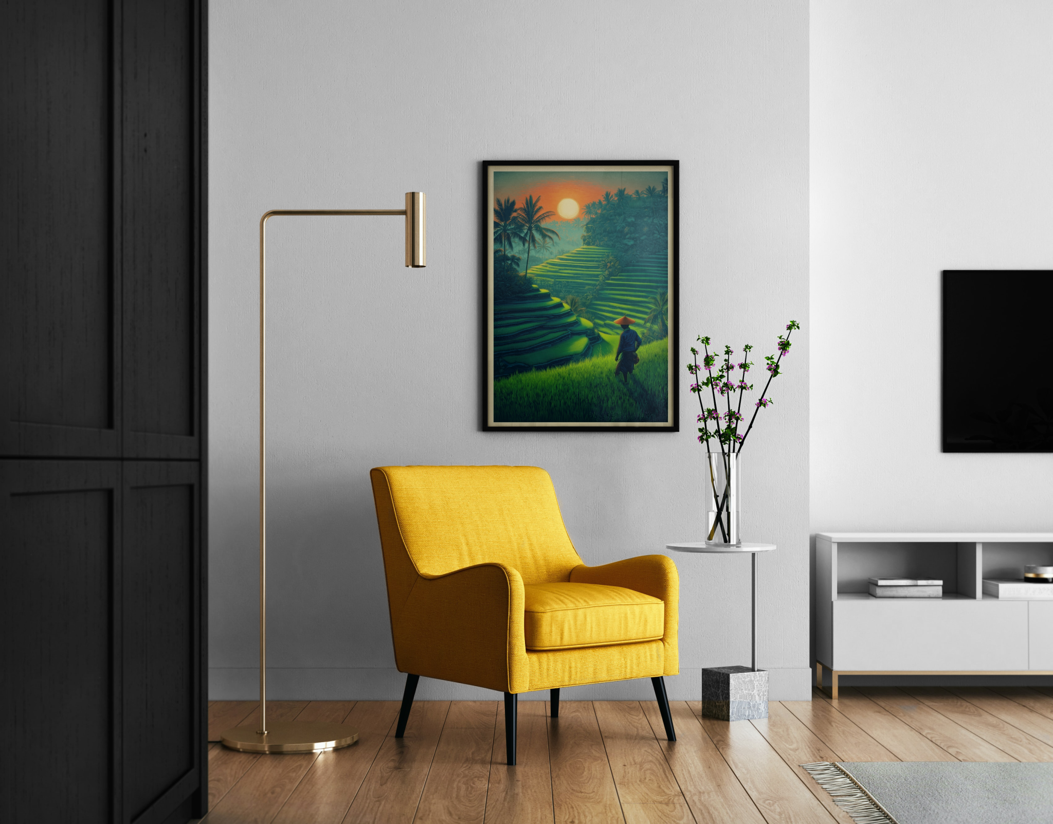 Bali Reisterrassen bei Sonnenuntergang mit Bauer im Retro Travel Poster Stil – Travel Poster im modernen Wohnzimmer