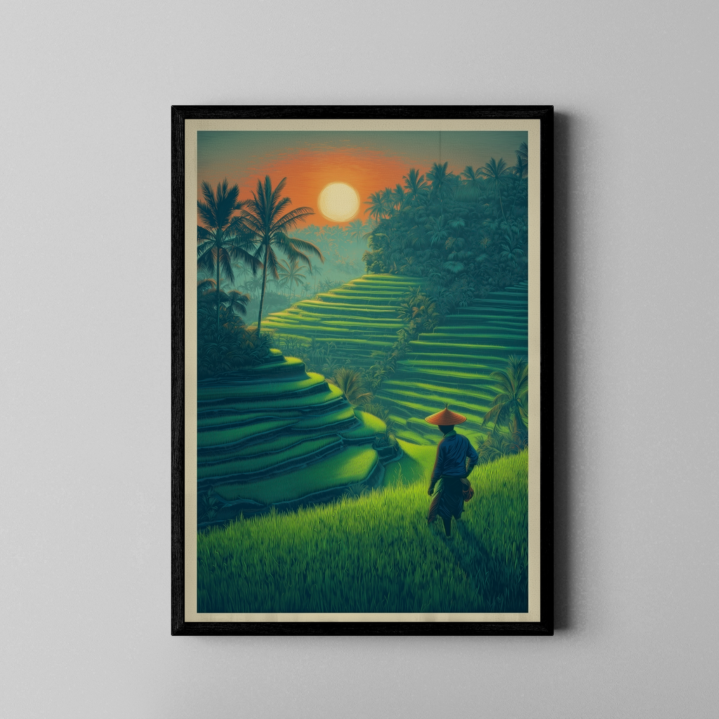 Bali Reisterrassen bei Sonnenuntergang mit Bauer im Retro Travel Poster Stil – Poster im schwarzen Rahmen