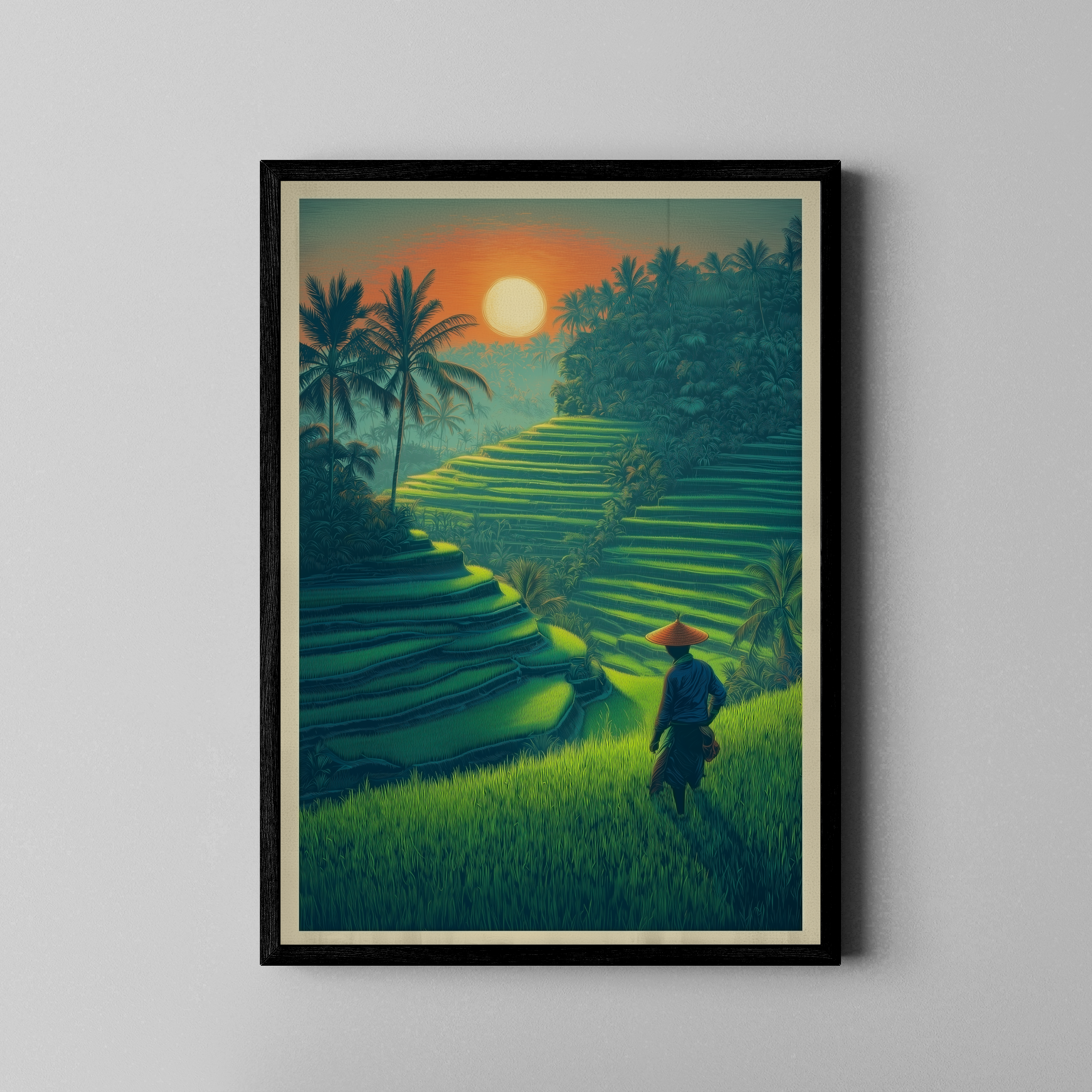 Bali Reisterrassen bei Sonnenuntergang mit Bauer im Retro Travel Poster Stil – Poster im schwarzen Rahmen