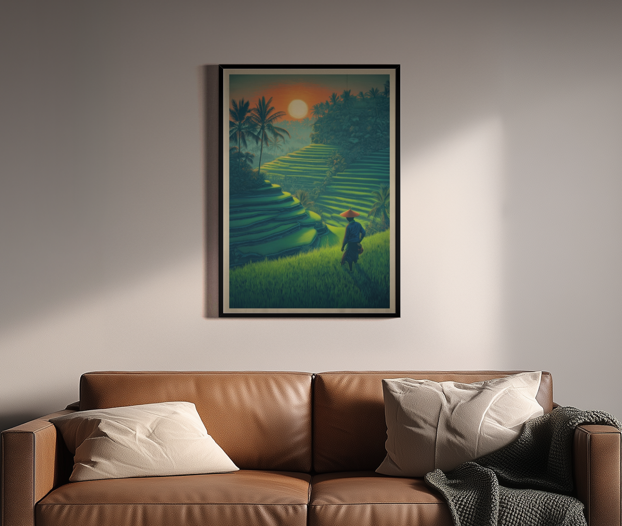 Bali Reisterrassen bei Sonnenuntergang mit Bauer im Retro Travel Poster Stil – Wandbild über braunem Ledersofa