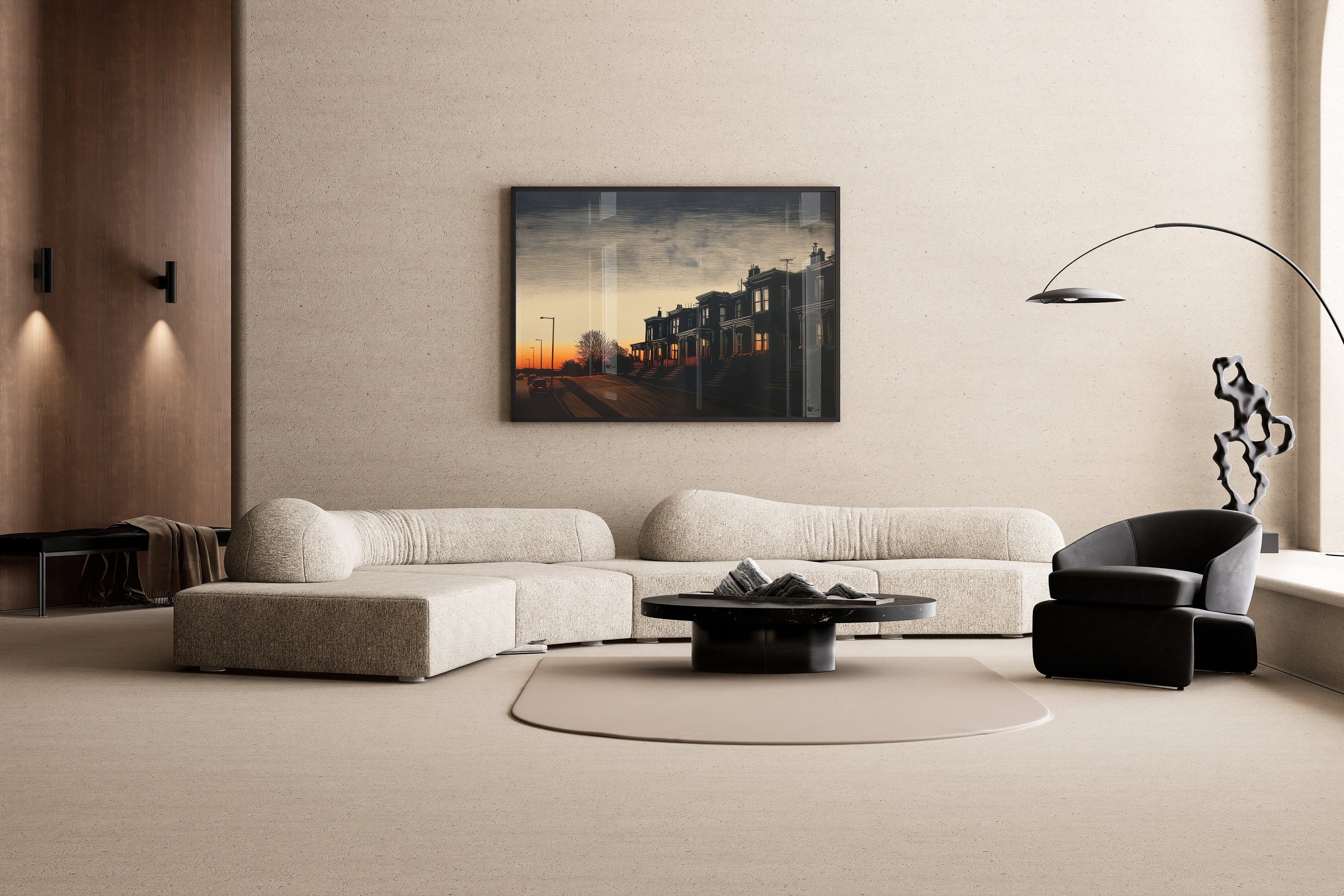 Golden Mile | Stadthäuser-Silhouette im Abendhimmel – Linolschnitt Wandbild im modernen Wohnzimmer
