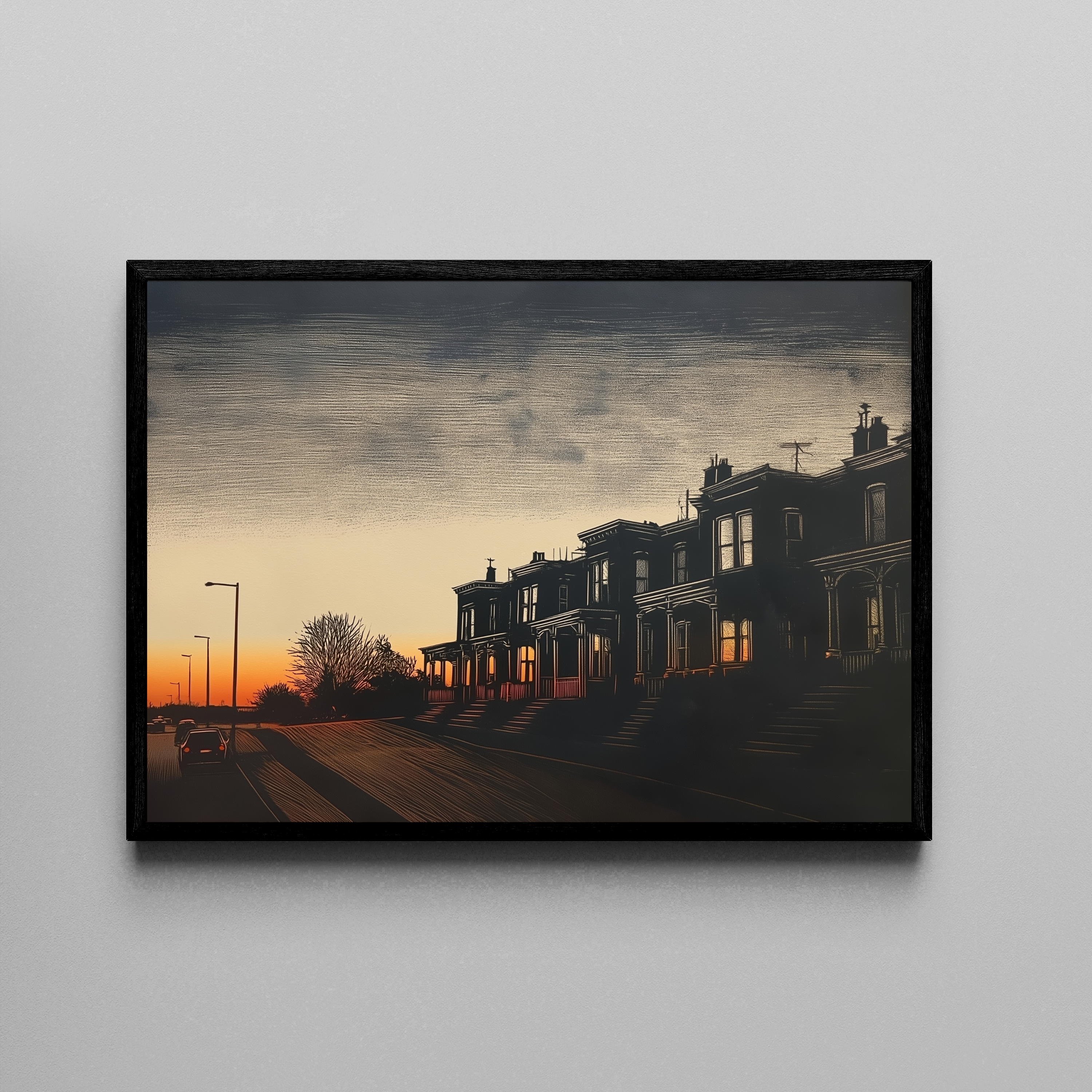 Golden Mile – Stadthäuser-Silhouette Sonnenuntergang | Linolschnitt – Poster im schwarzen Rahmen