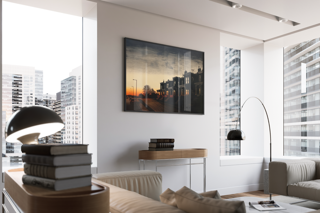 Golden Mile Linolschnitt – Stadthäuser Abendhimmel – gerahmtes Poster kaufen | Wanddekoration