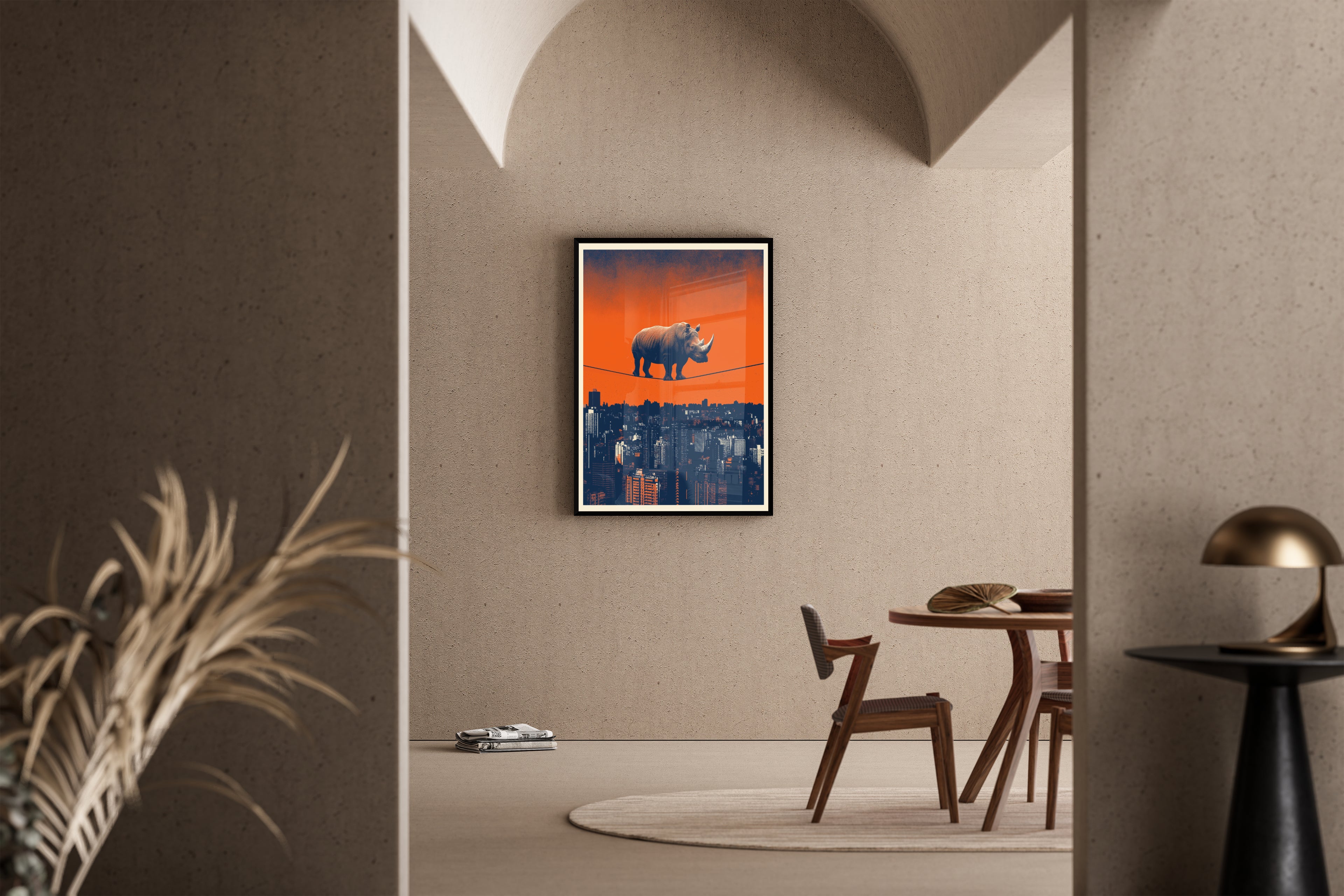Gravity? Rhino. – Nashorn Hochseil Skyline Siebdruck-Stil – Poster im Esszimmer kaufen