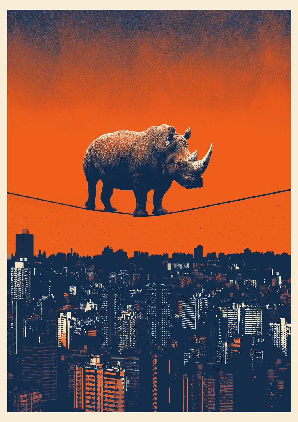 Gravity? Rhino. – Nashorn balanciert auf Seil über Skyline | Siebdruck-Optik – eleganter Kunstdruck