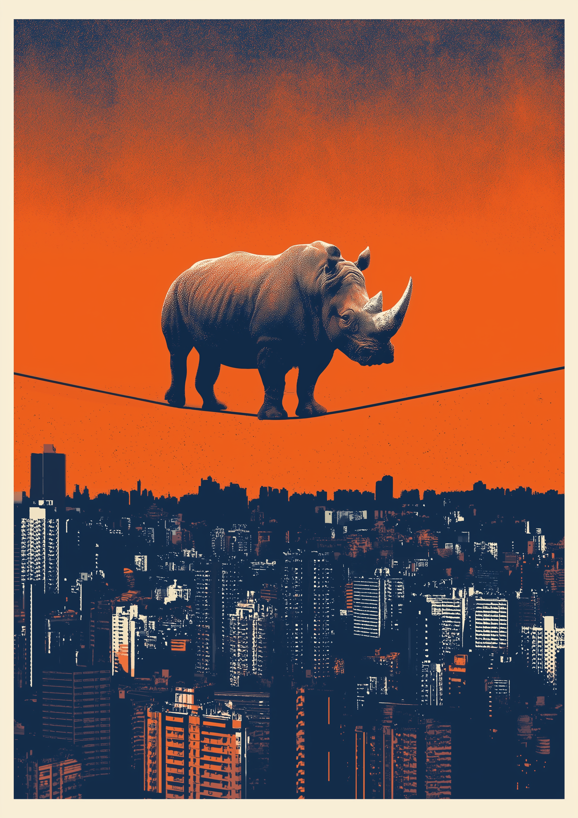 Gravity? Rhino. – Nashorn balanciert auf Seil über Skyline | Siebdruck-Optik – eleganter Kunstdruck