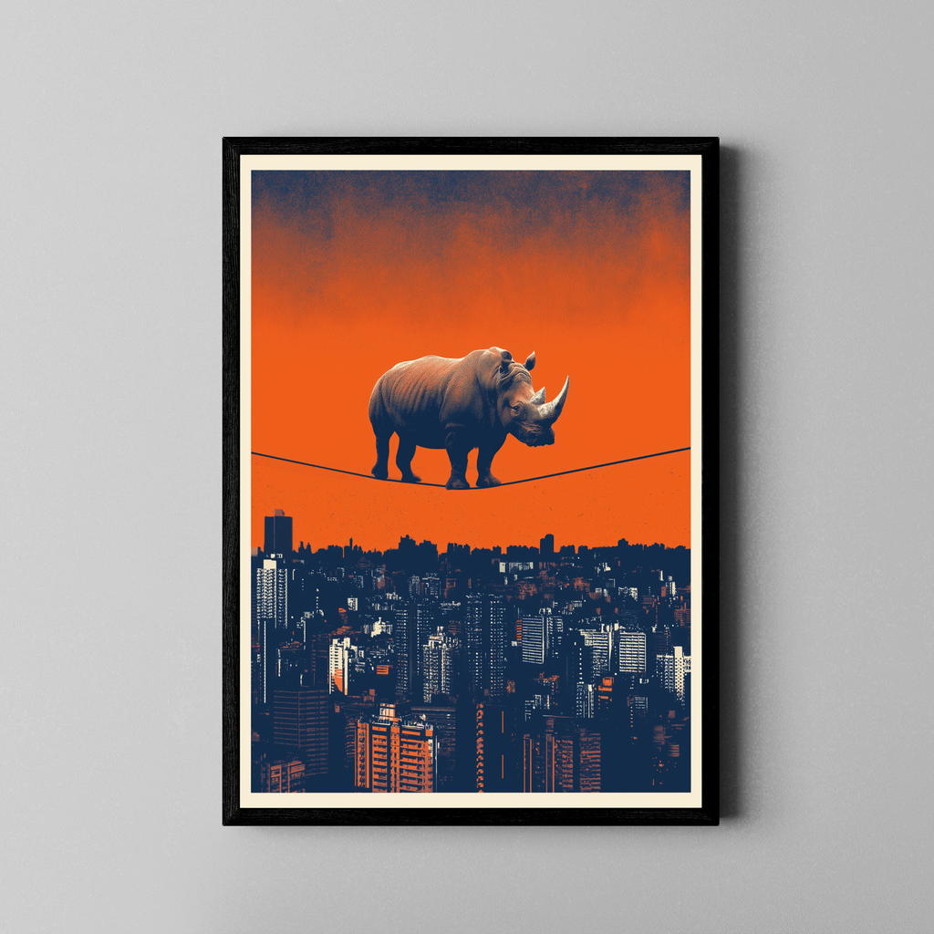 Gravity? Rhino. – Nashorn auf Hochseil Stadtsilhouette Siebdruck | Fine Art Poster im schwarzen Rahmen