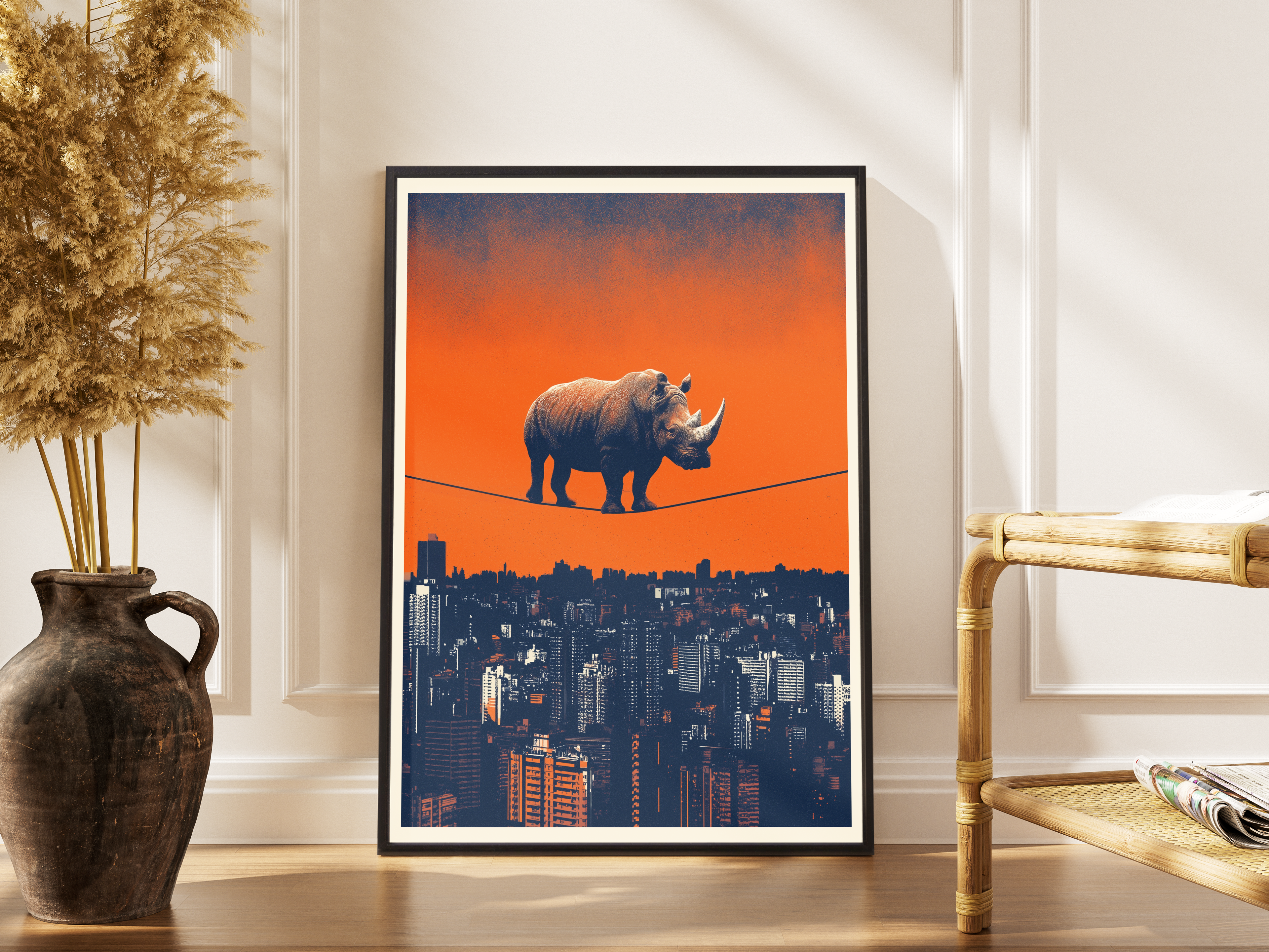 Gravity? Rhino. Siebdruck – Nashorn auf Seil Skyline – gerahmtes Poster kaufen | Wanddekoration