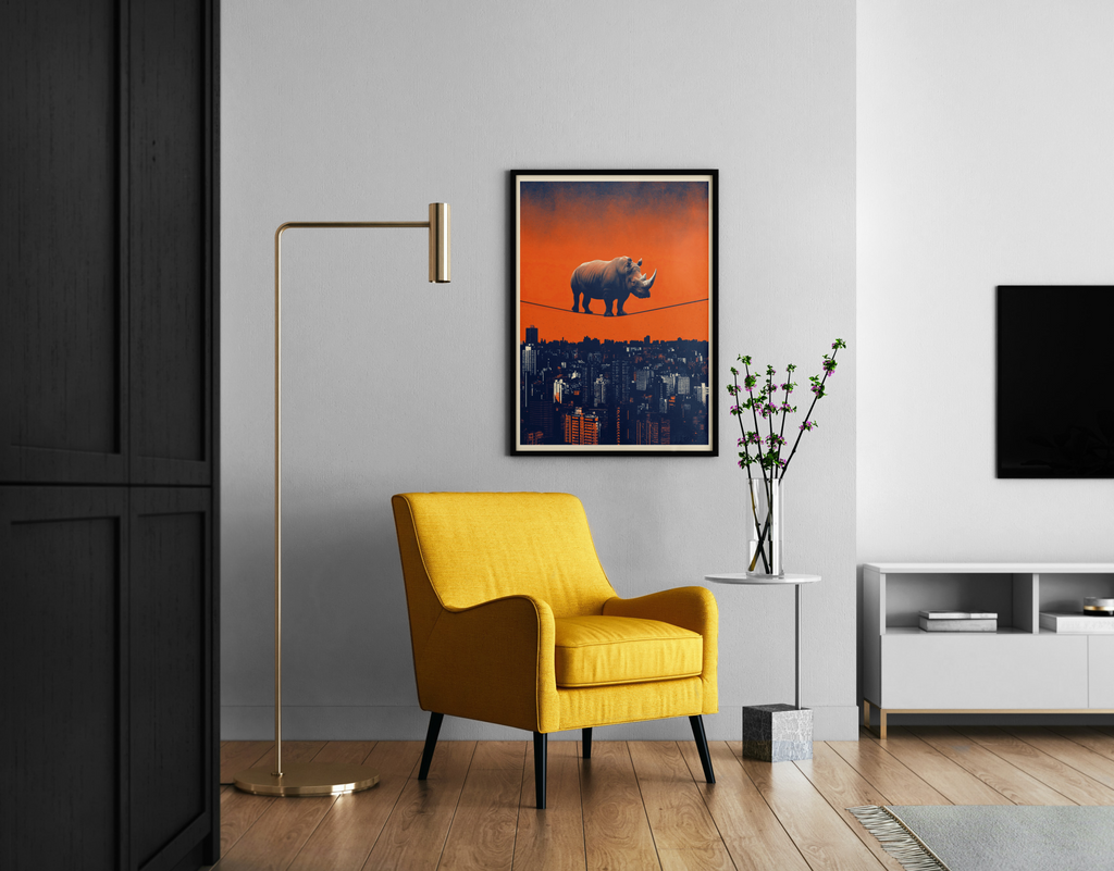 Gravity? Rhino. | Nashorn balanciert über Stadtsilhouette – Siebdruck Wandbild im modernen Wohnzimmer
