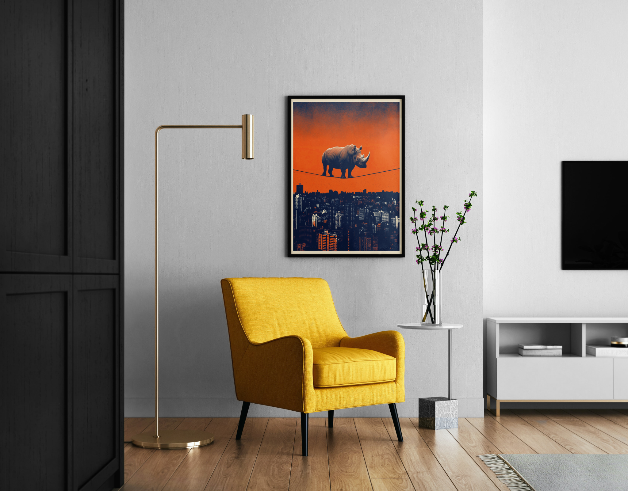 Gravity? Rhino. | Nashorn balanciert über Stadtsilhouette – Siebdruck Wandbild im modernen Wohnzimmer