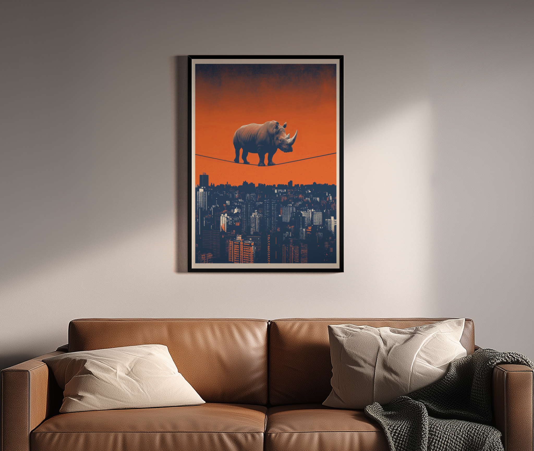 Gravity? Rhino. Siebdruck-Kunstdruck – Nashorn auf Seil über Stadt – Wandbild über braunem Ledersofa