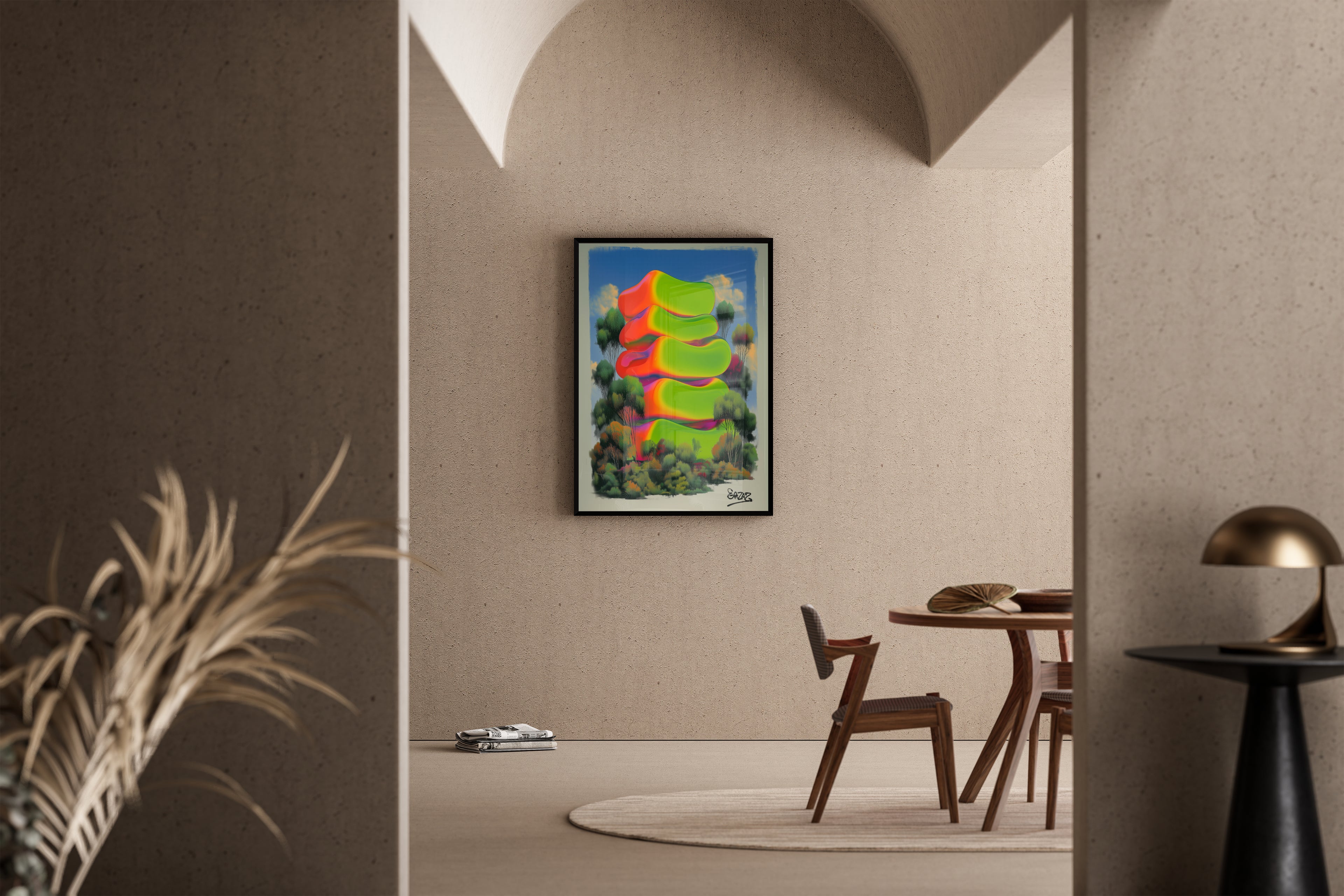 Gestapelte Neon-Formen in Grün und Orange über surrealer Waldlandschaft – Kunstdruck im mediterranen Esszimmer