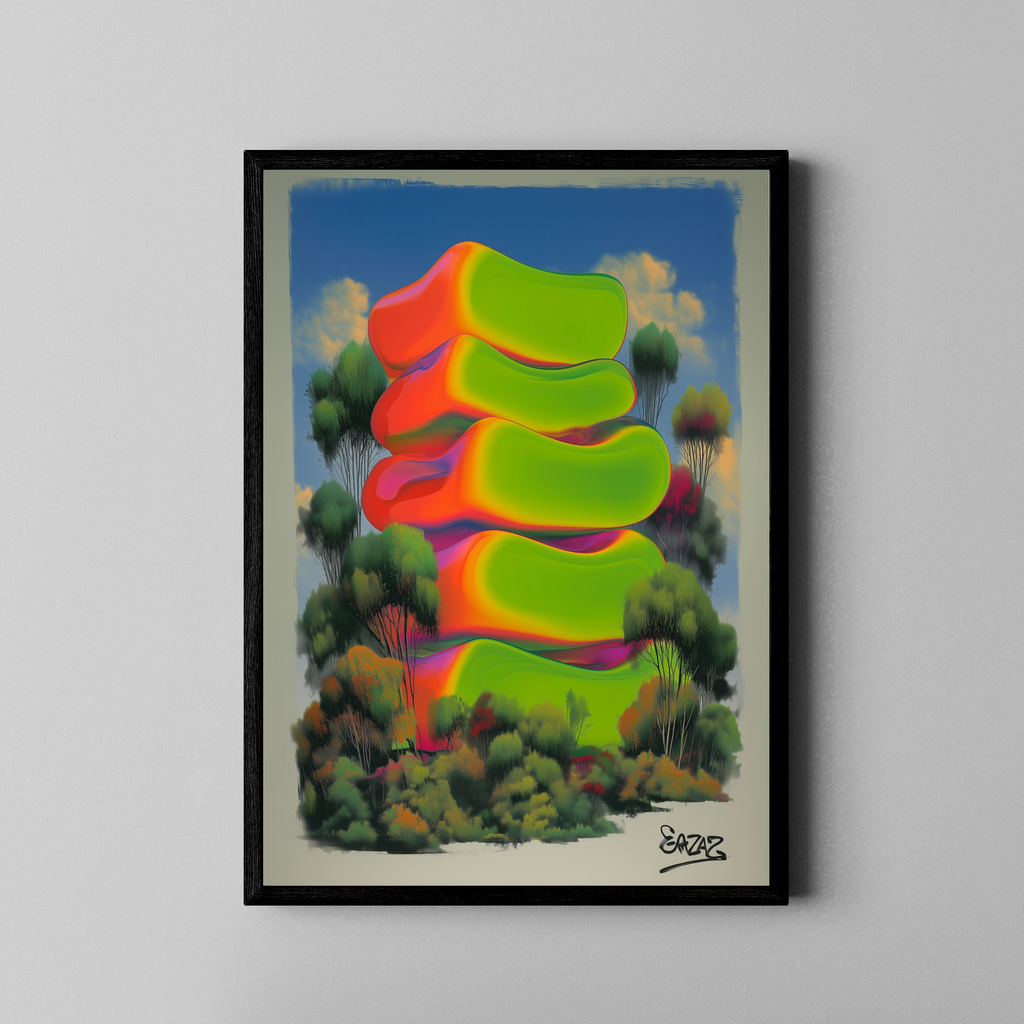 Gestapelte Neon-Formen in Grün und Orange über surrealer Waldlandschaft – Fine Art Poster im schwarzen Rahmen