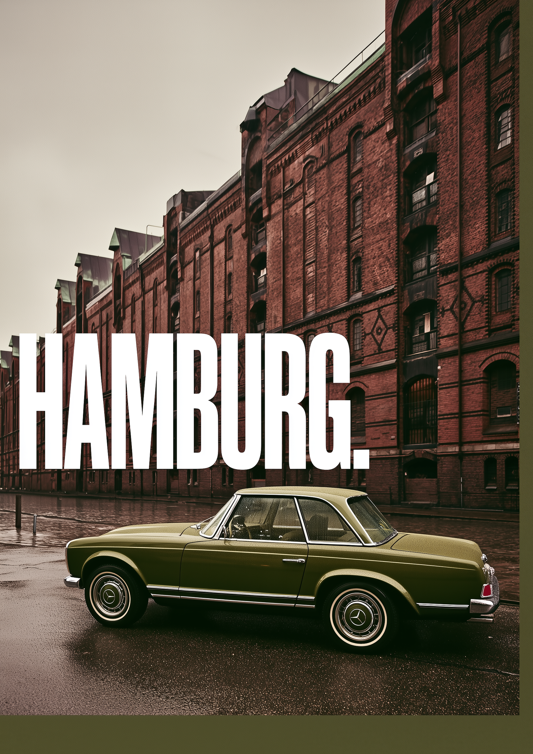 Hamburg. – Mercedes W113 Pagode olivgrün Speicherstadt | Cinematic-Foto-Optik – eleganter Kunstdruck