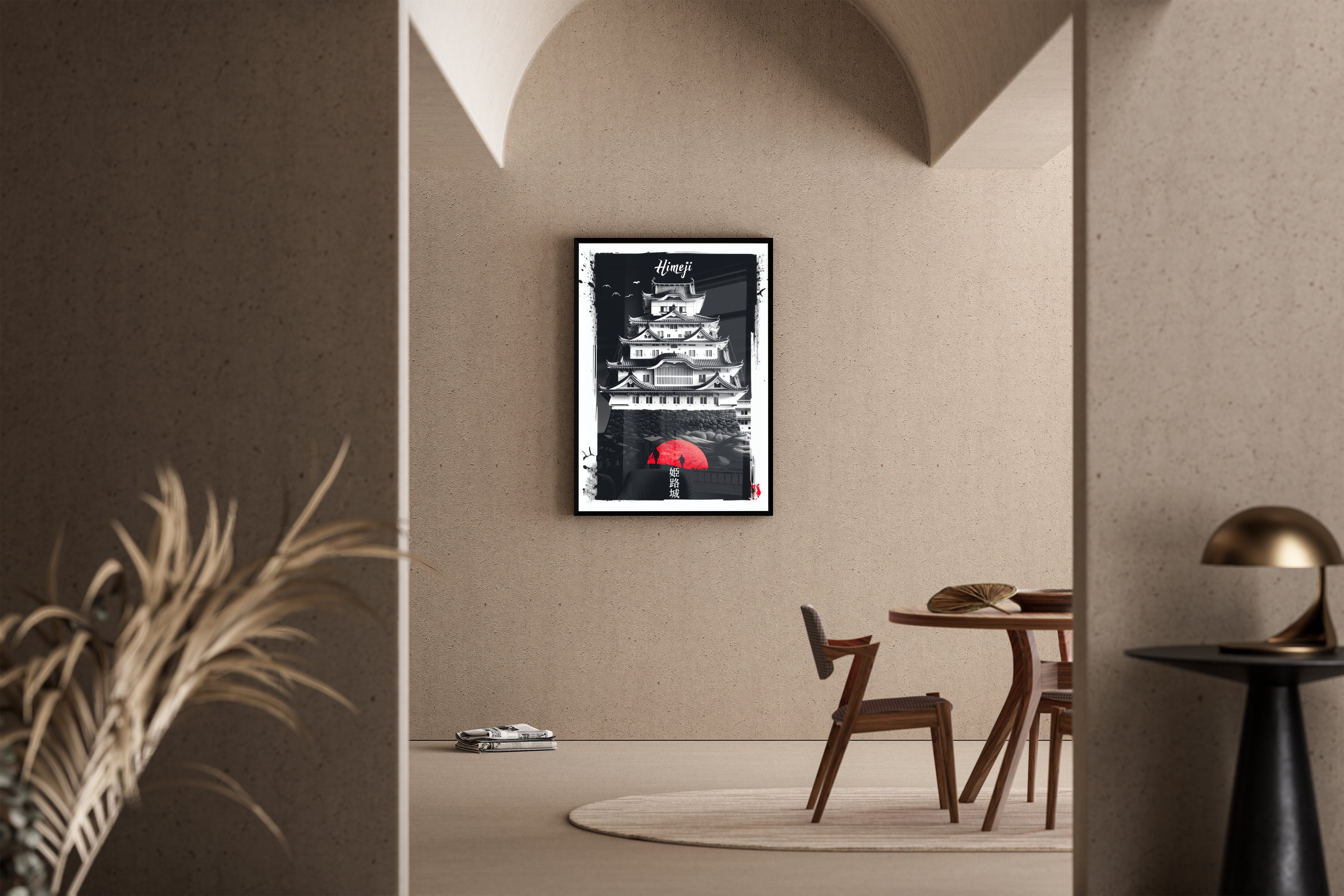 Himeji-Burg in Schwarz-Weiß mit roter Sonne und Kanji – Kunstdruck im mediterranen Esszimmer