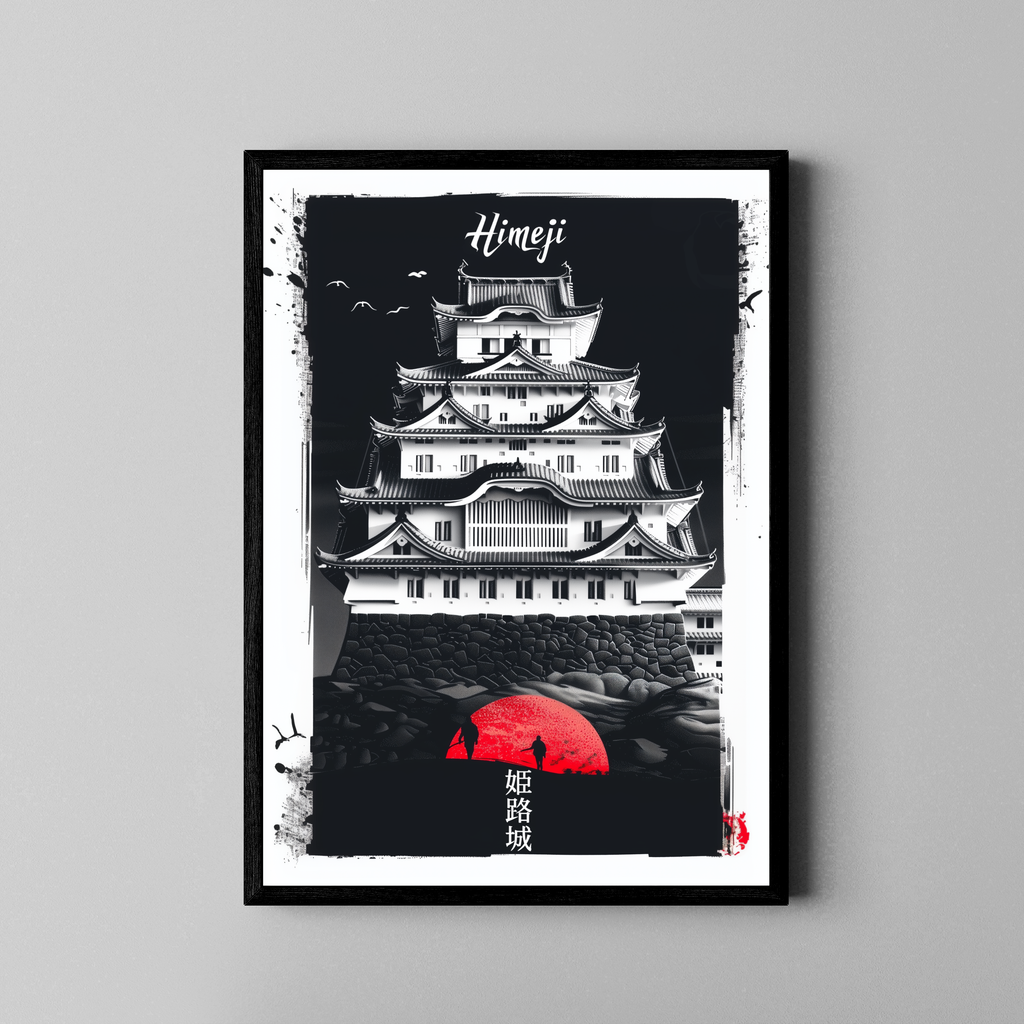 Himeji-Burg in Schwarz-Weiß mit roter Sonne und Kanji – Japan Poster im schwarzen Rahmen