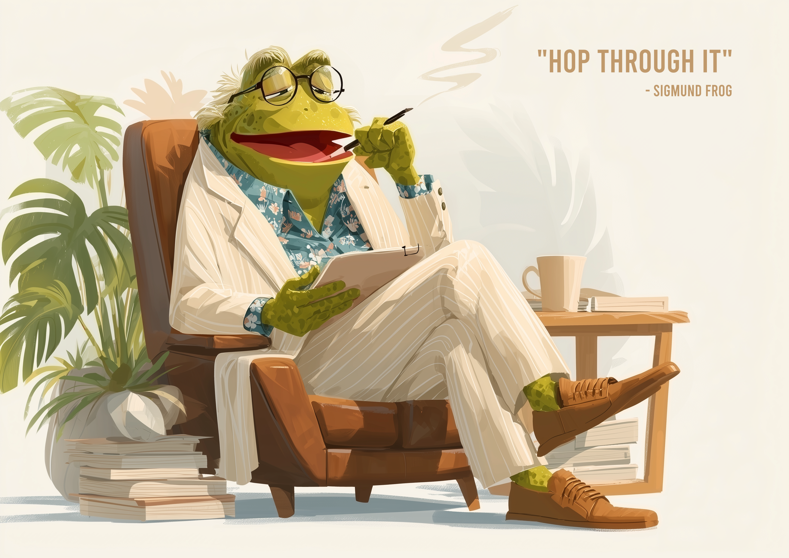 SIGMUND FROG – Frosch als Therapeut im Sessel, Anzug, Brille, Humor-Illustration – eleganter Kunstdruck