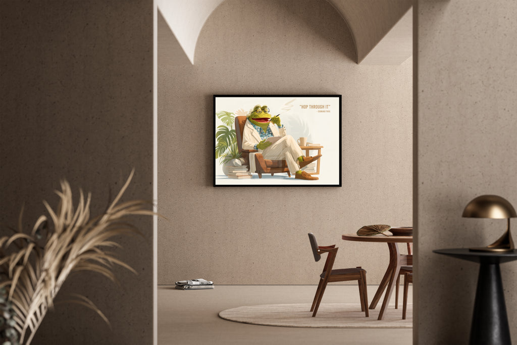 SIGMUND FROG – Frosch als Therapeut im Sessel, Anzug, Brille, Humor-Illustration – Poster im Esszimmer
