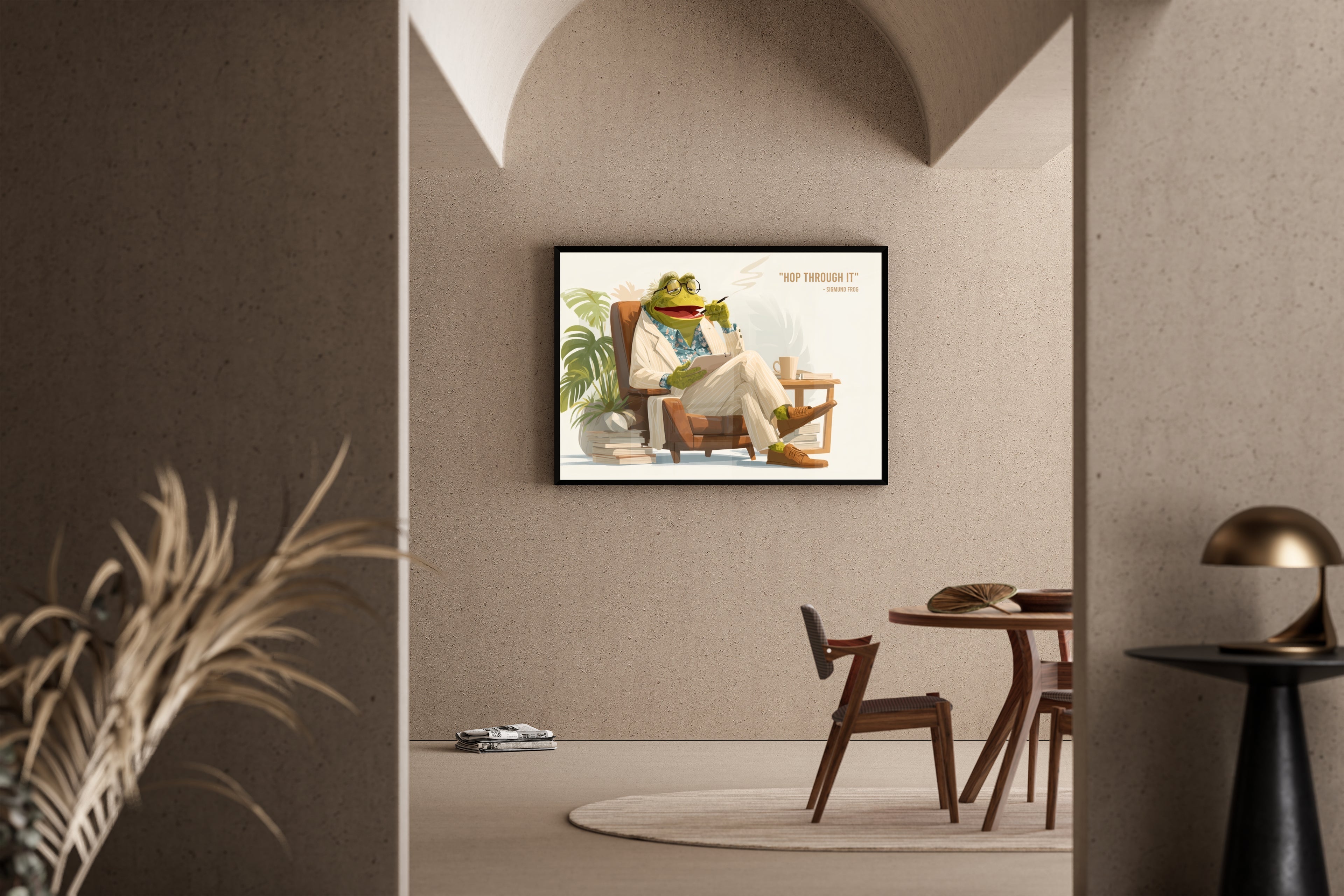 SIGMUND FROG – Frosch als Therapeut im Sessel, Anzug, Brille, Humor-Illustration – Poster im Esszimmer