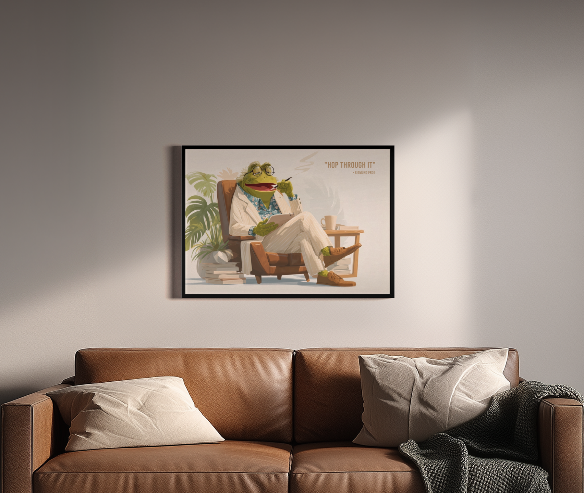 SIGMUND FROG – Frosch als Therapeut im Sessel, Anzug, Brille, Humor-Illustration – Wandbild über braunem Ledersofa