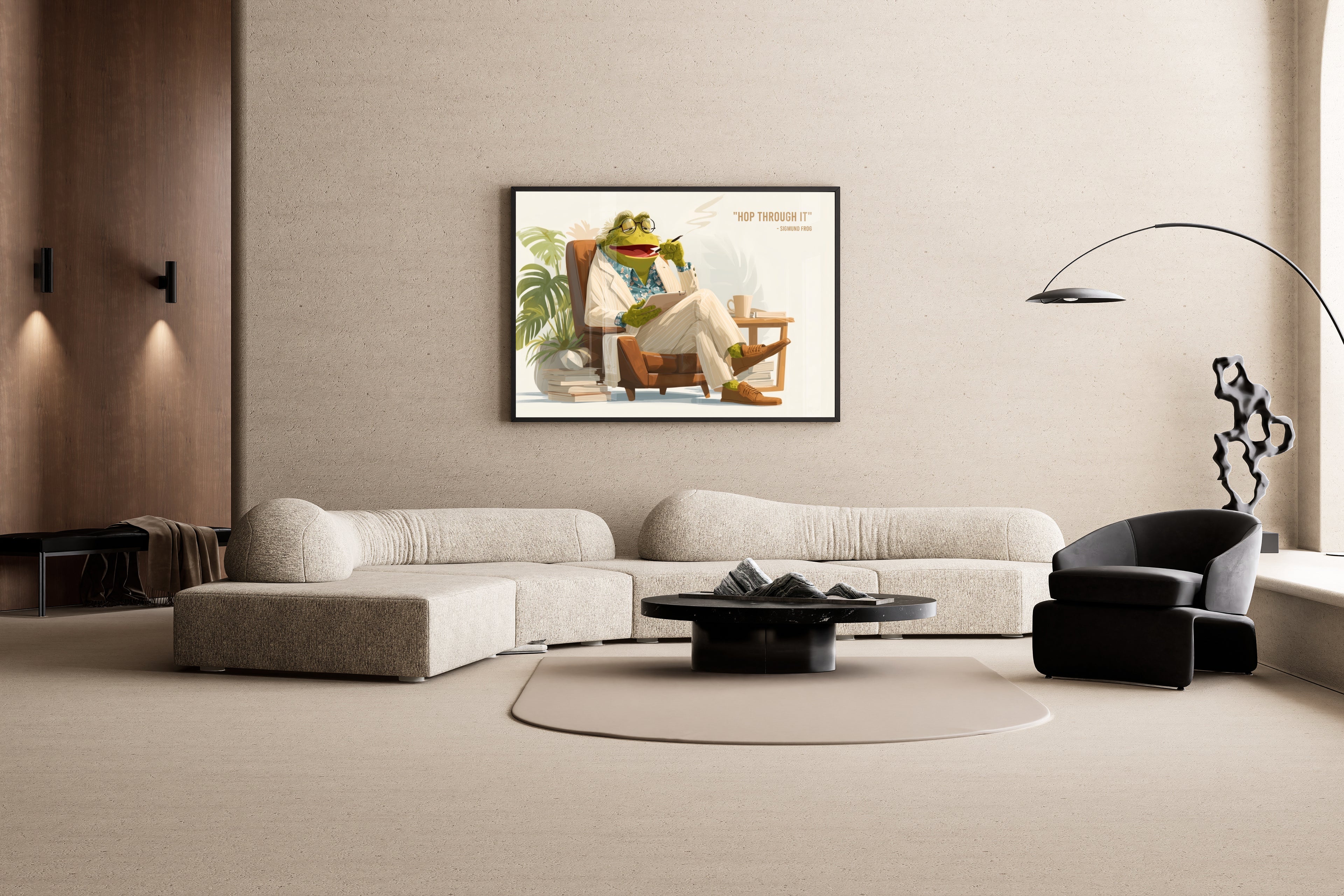 SIGMUND FROG – Frosch als Therapeut im Sessel, Anzug, Brille, Humor-Illustration – Wandbild im modernen Wohnzimmer