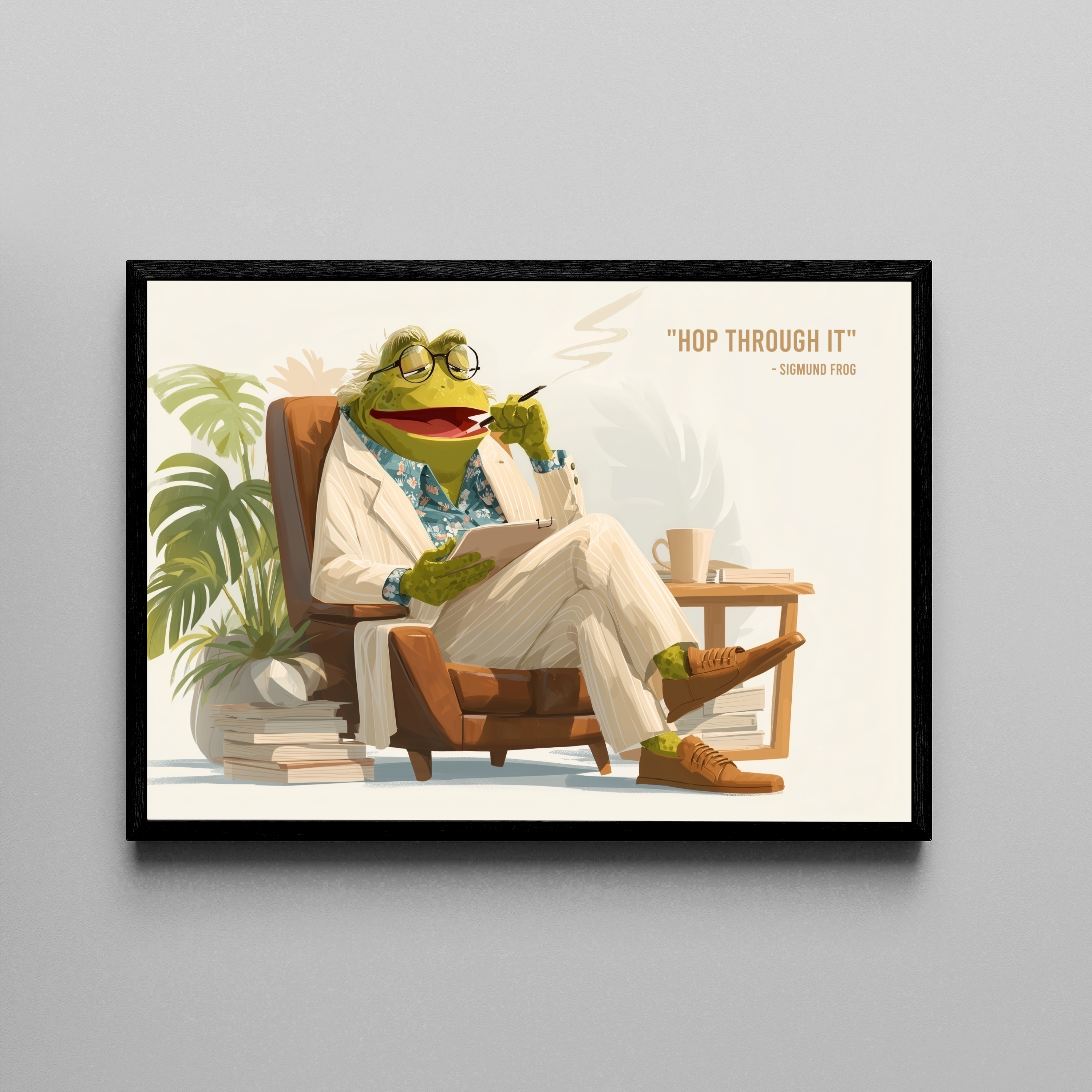 SIGMUND FROG – Frosch als Therapeut im Sessel, Anzug, Brille, Humor-Illustration – Poster im schwarzen Rahmen