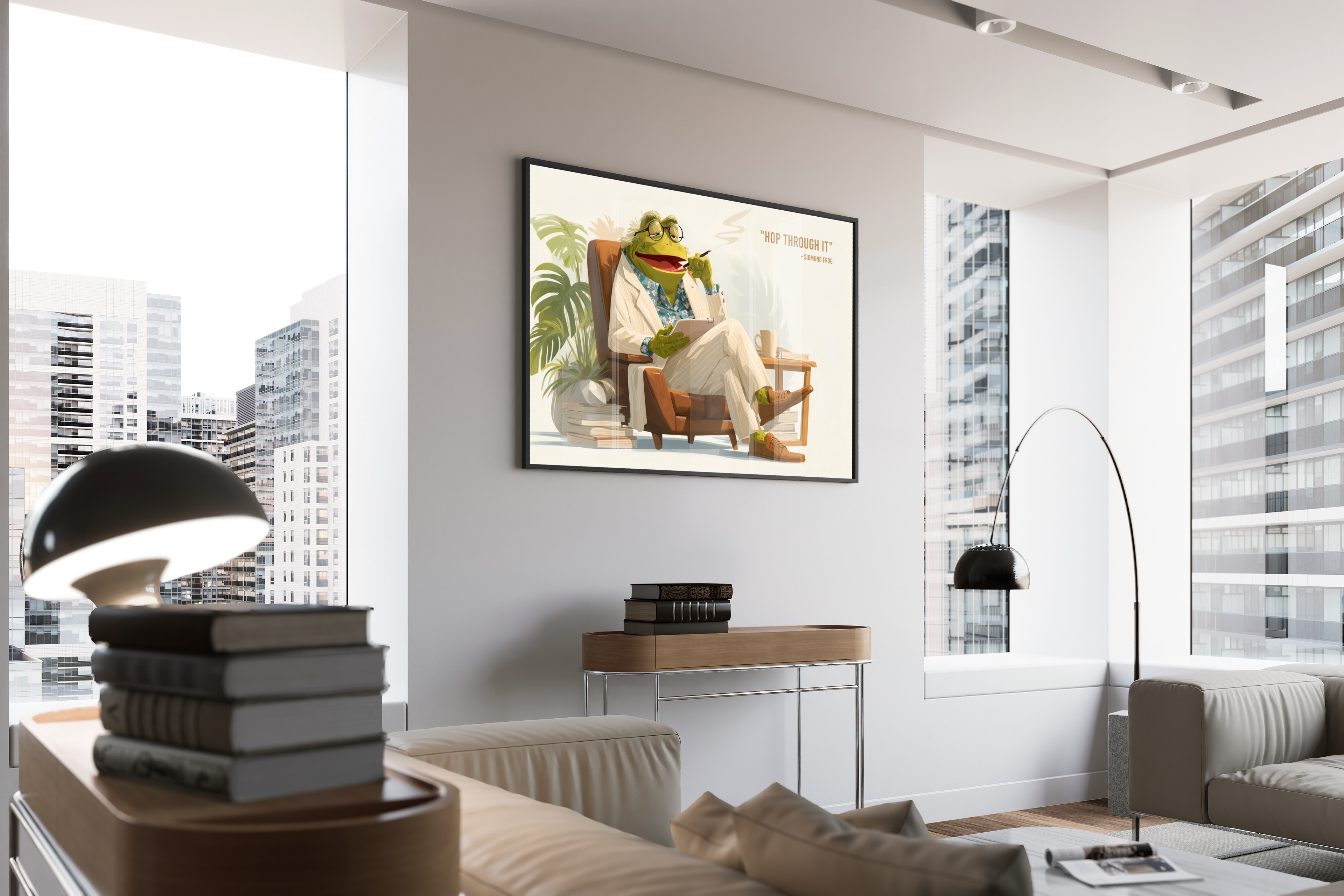 SIGMUND FROG – Frosch als Therapeut im Sessel, Anzug, Brille, Humor-Illustration – gerahmtes Poster kaufen
