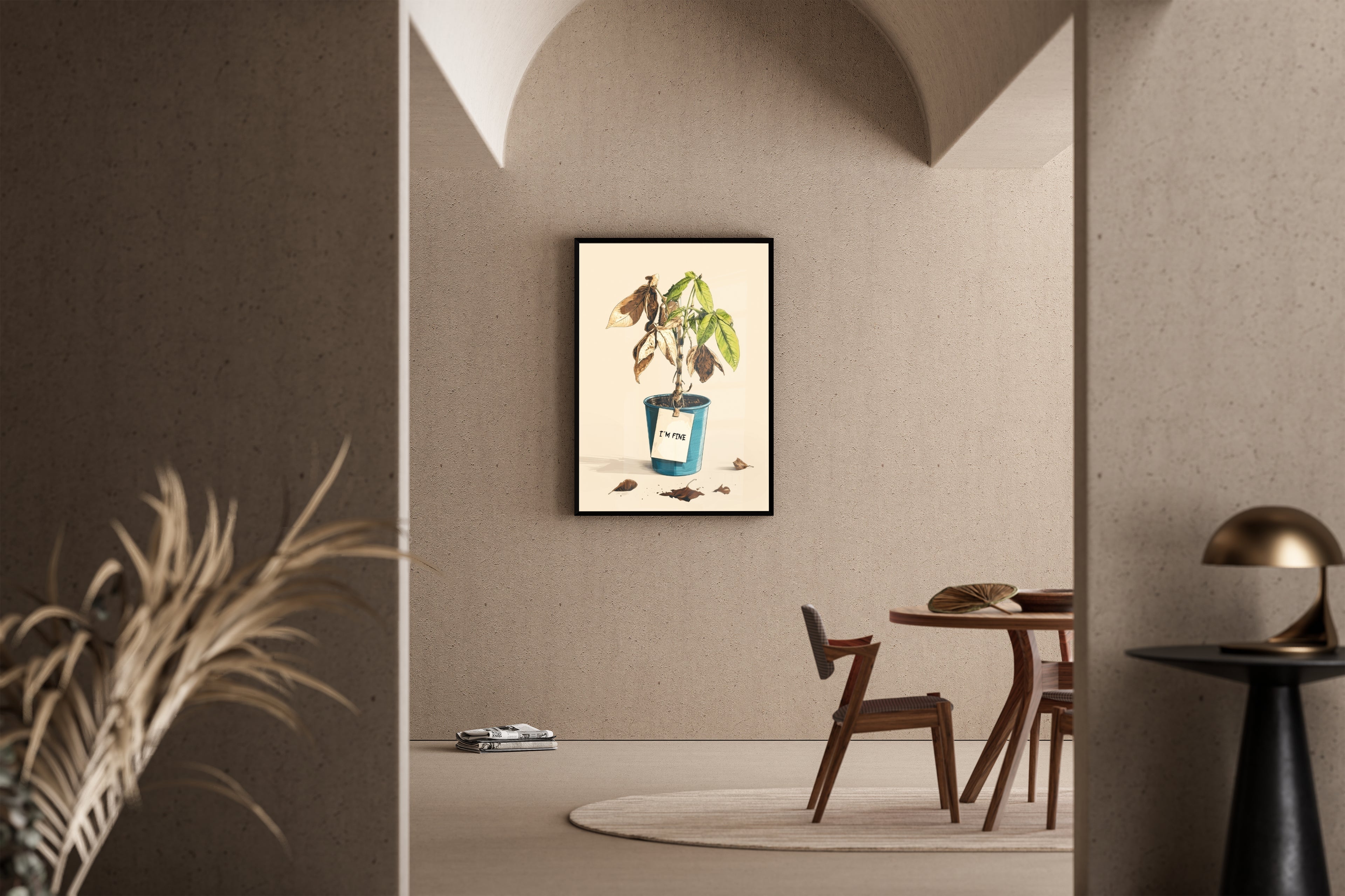 I'M FINE – halbtote Zimmerpflanze mit Schild im humorvollen Illustration-Stil – Kunstdruck im mediterranen Esszimmer