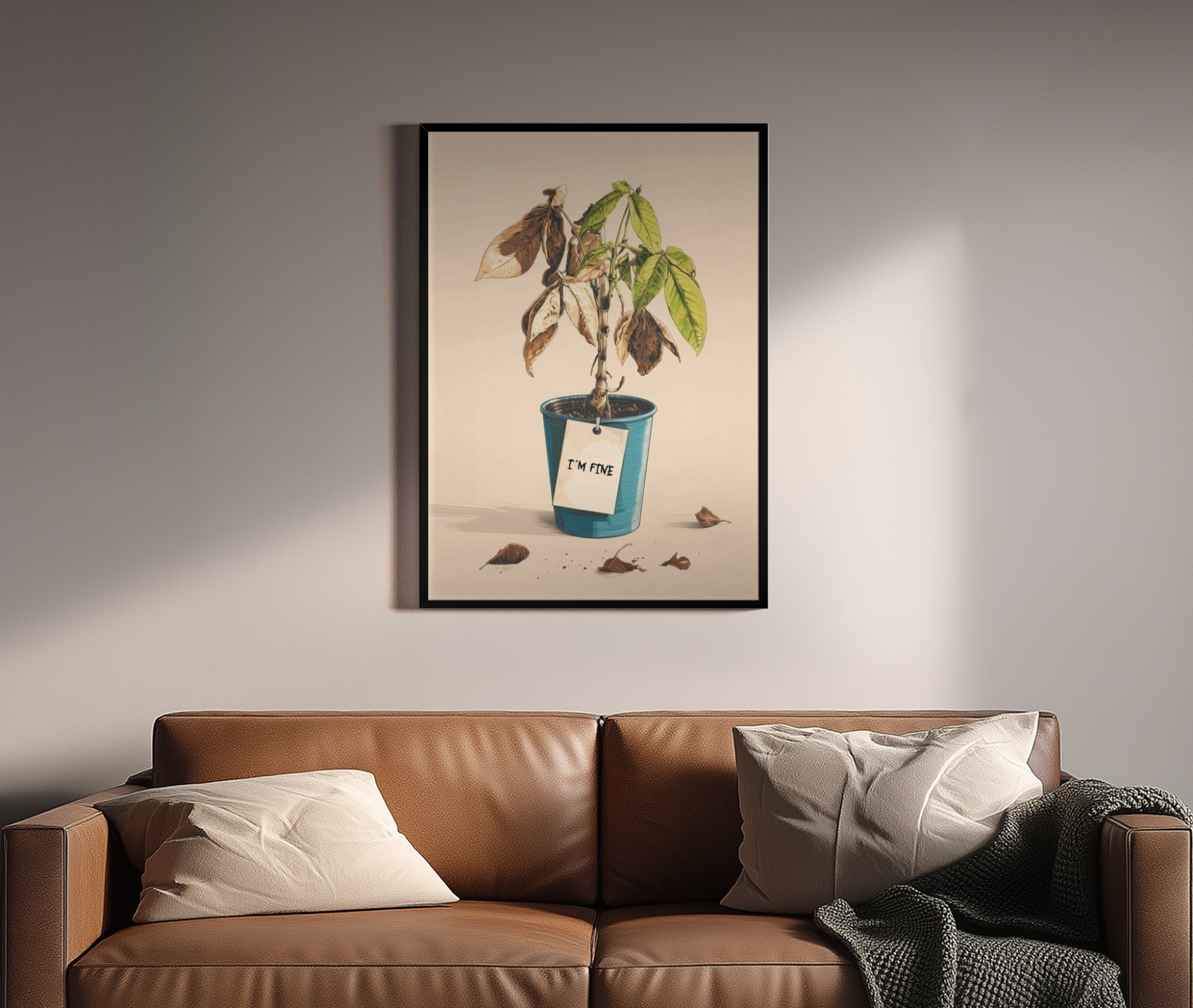 I'M FINE – halbtote Zimmerpflanze mit Schild im humorvollen Illustration-Stil – Wandbild über braunem Ledersofa