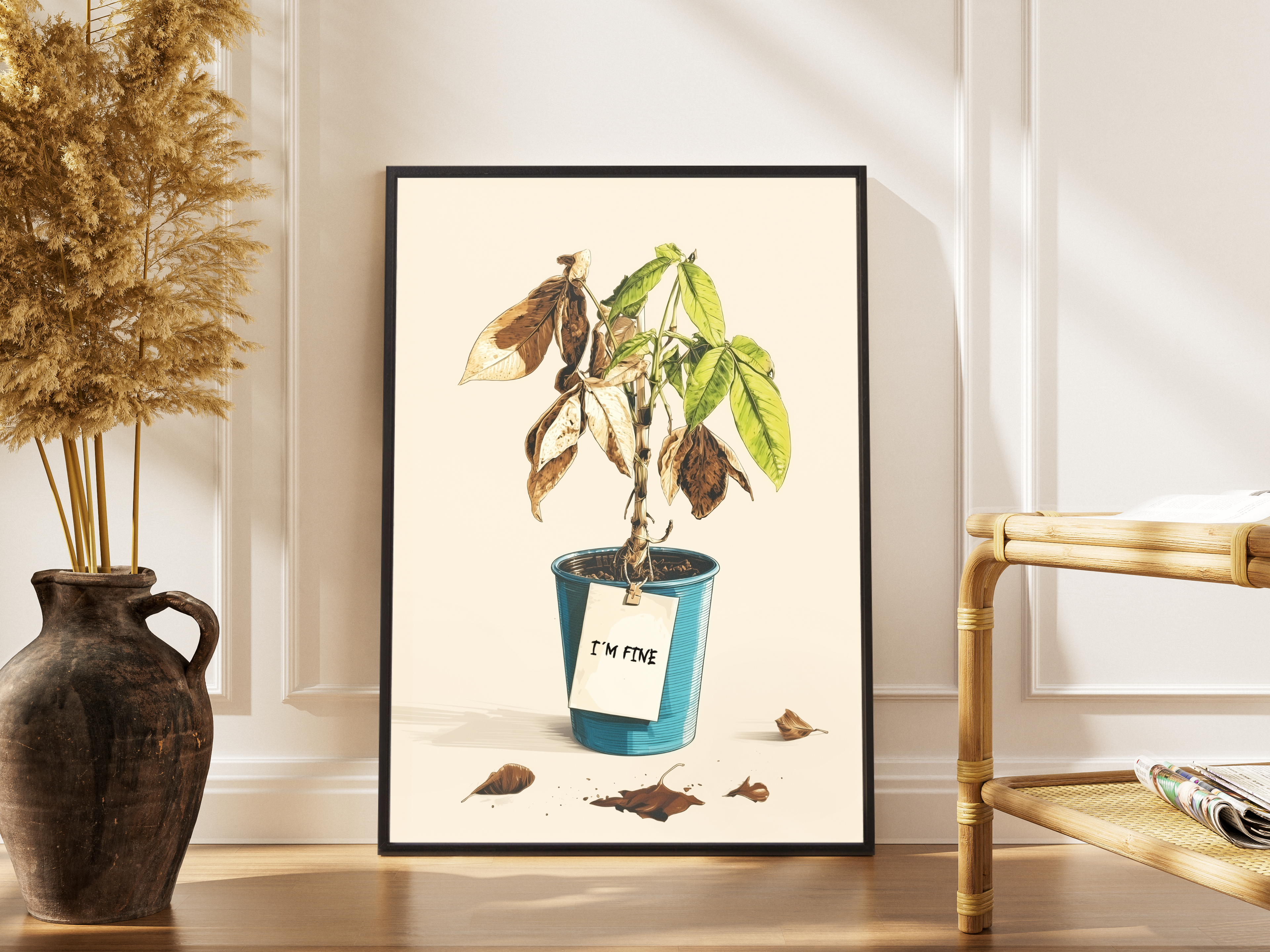 I'M FINE – halbtote Zimmerpflanze mit Schild im humorvollen Illustration-Stil – gerahmter witziger Kunstdruck kaufen