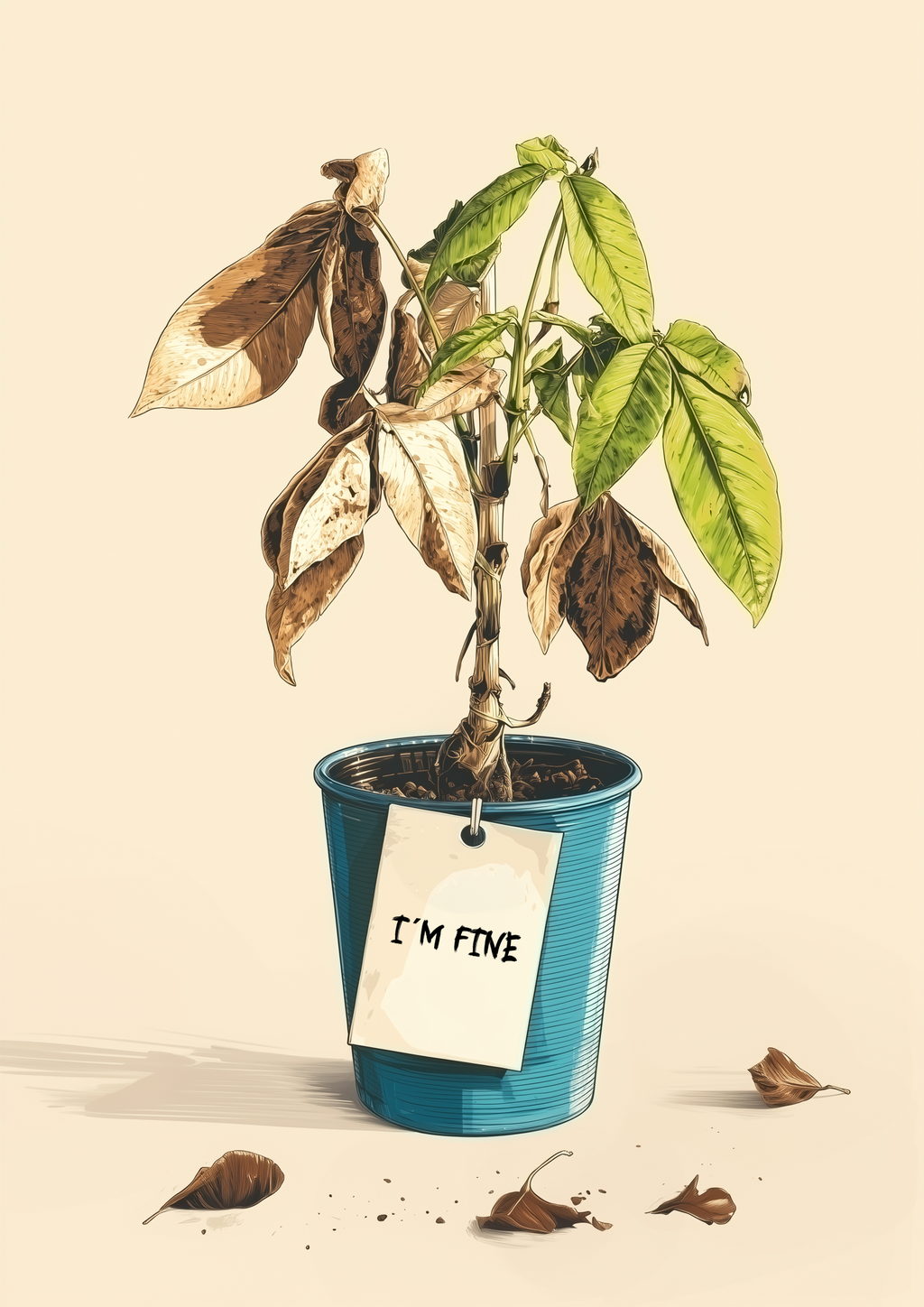 I'M FINE – halbtote Zimmerpflanze mit Schild im humorvollen Illustration-Stil – witziger Fine Art Kunstdruck