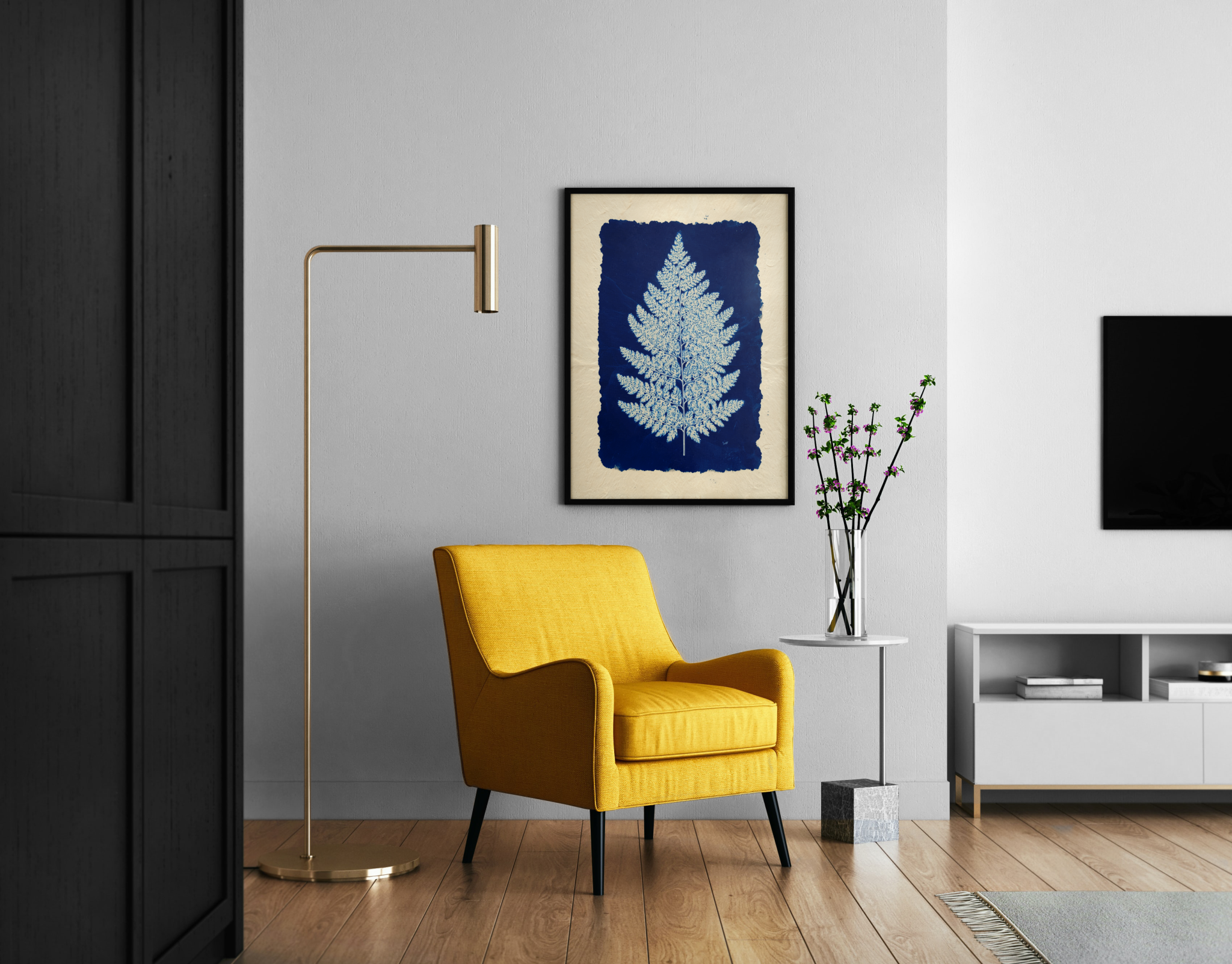 Farnblatt als Cyanotypie auf Büttenpapier – botanisches Poster im modernen Wohnzimmer